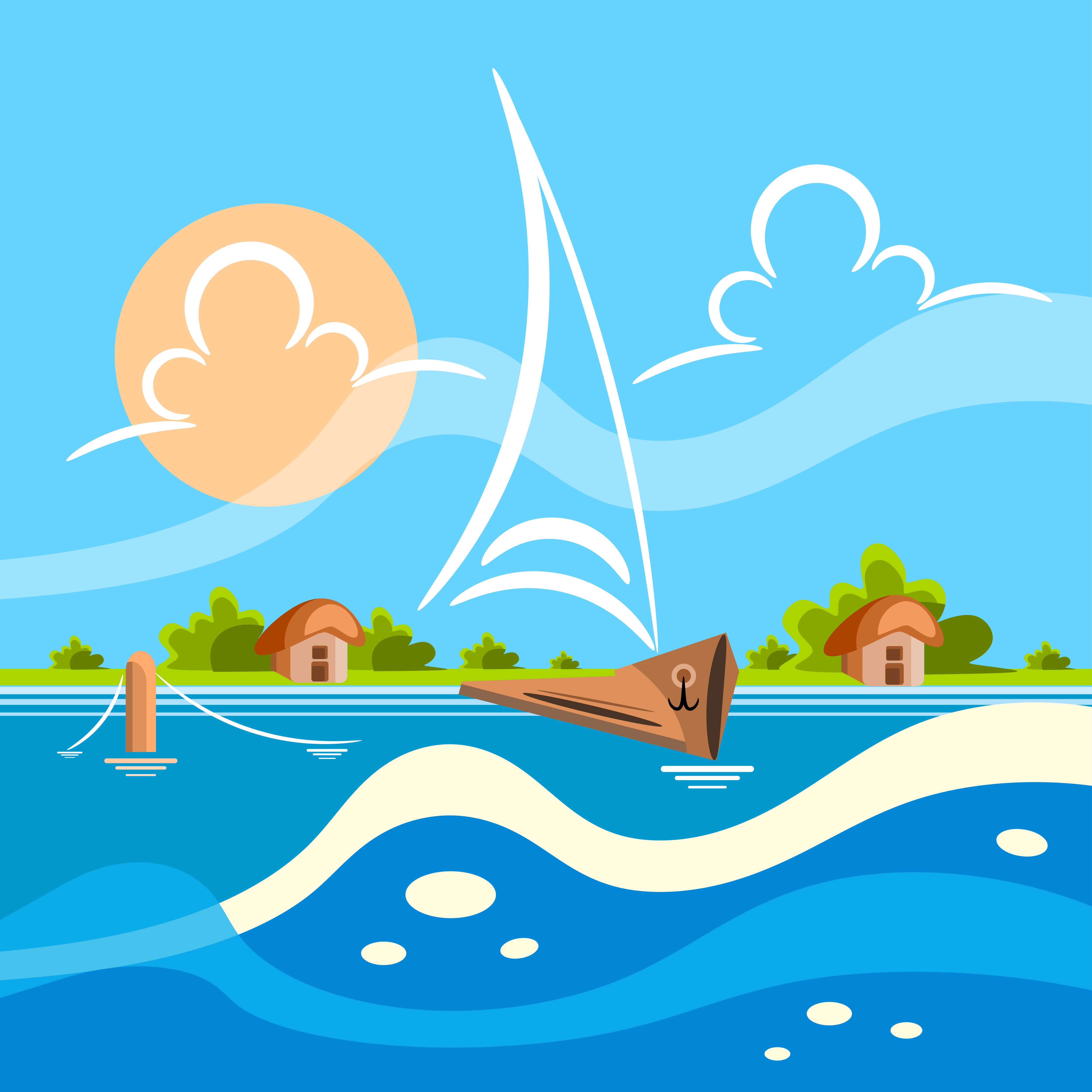 Un velero navega por el océano cerca de las cabañas.