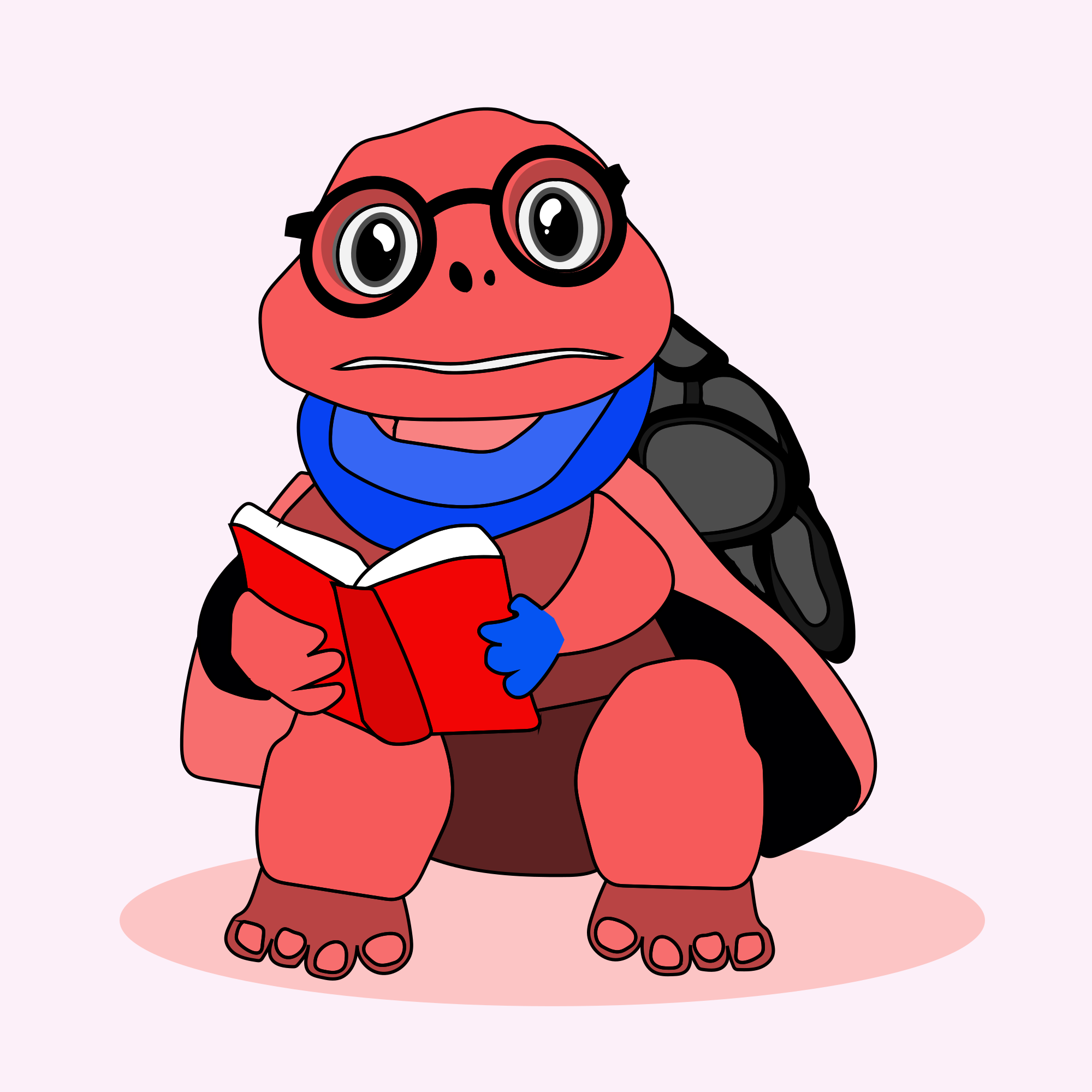 カメが眼鏡をかけて本を読んでいます。