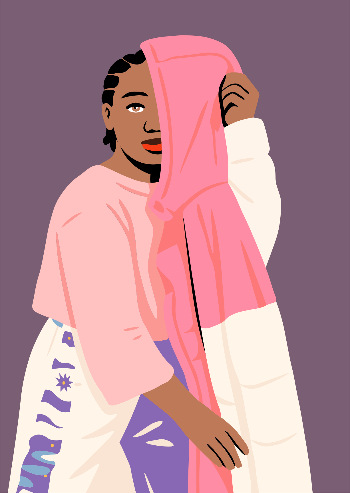 Woman holding a pink and white hooded jacket
