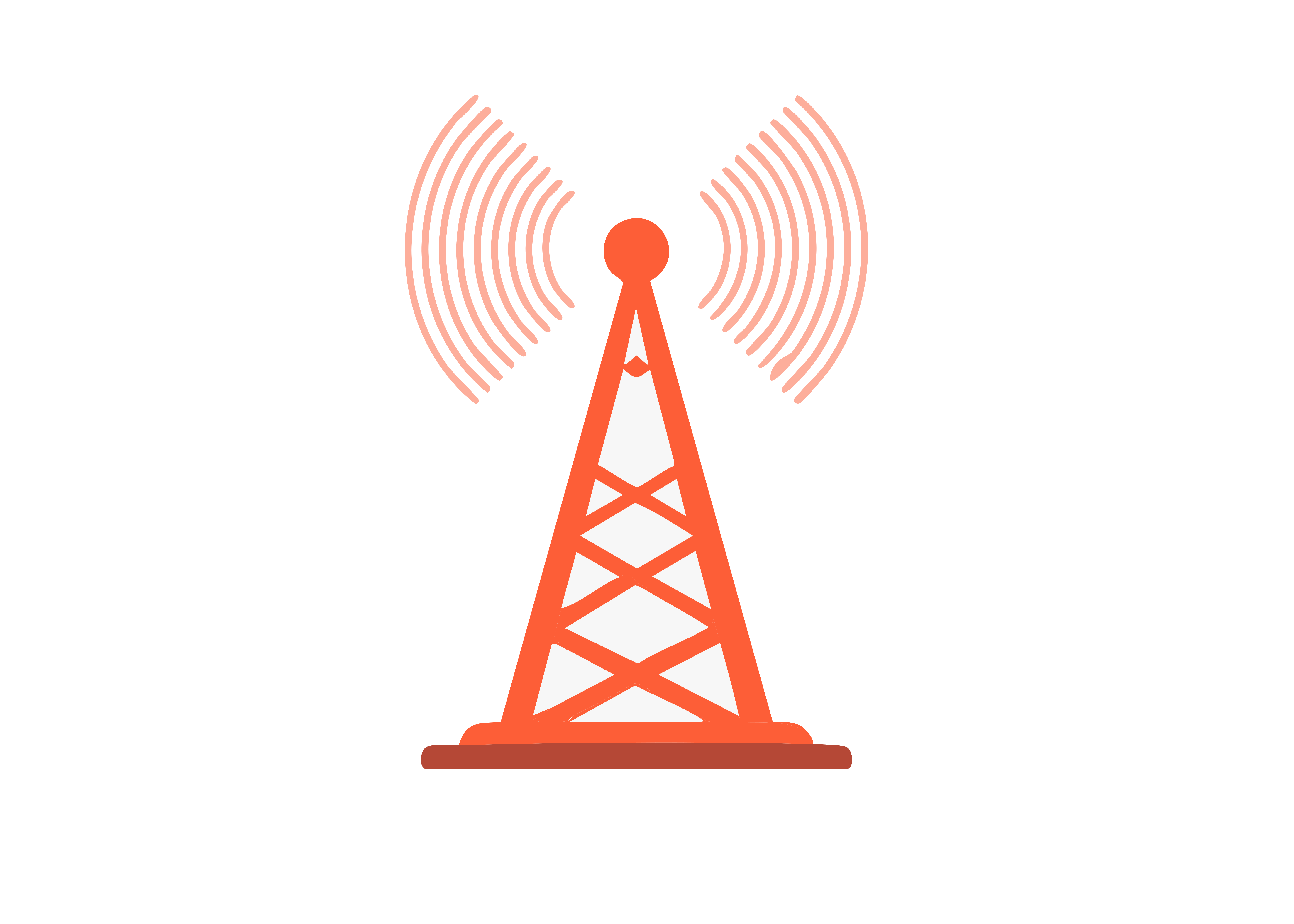 Red cell tower emitting radio waves on white background