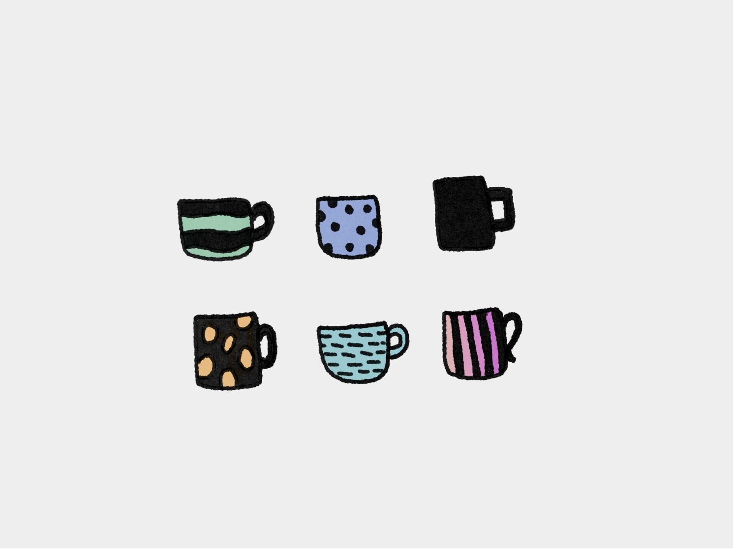 Six patterned coffee cups arranged on a light background