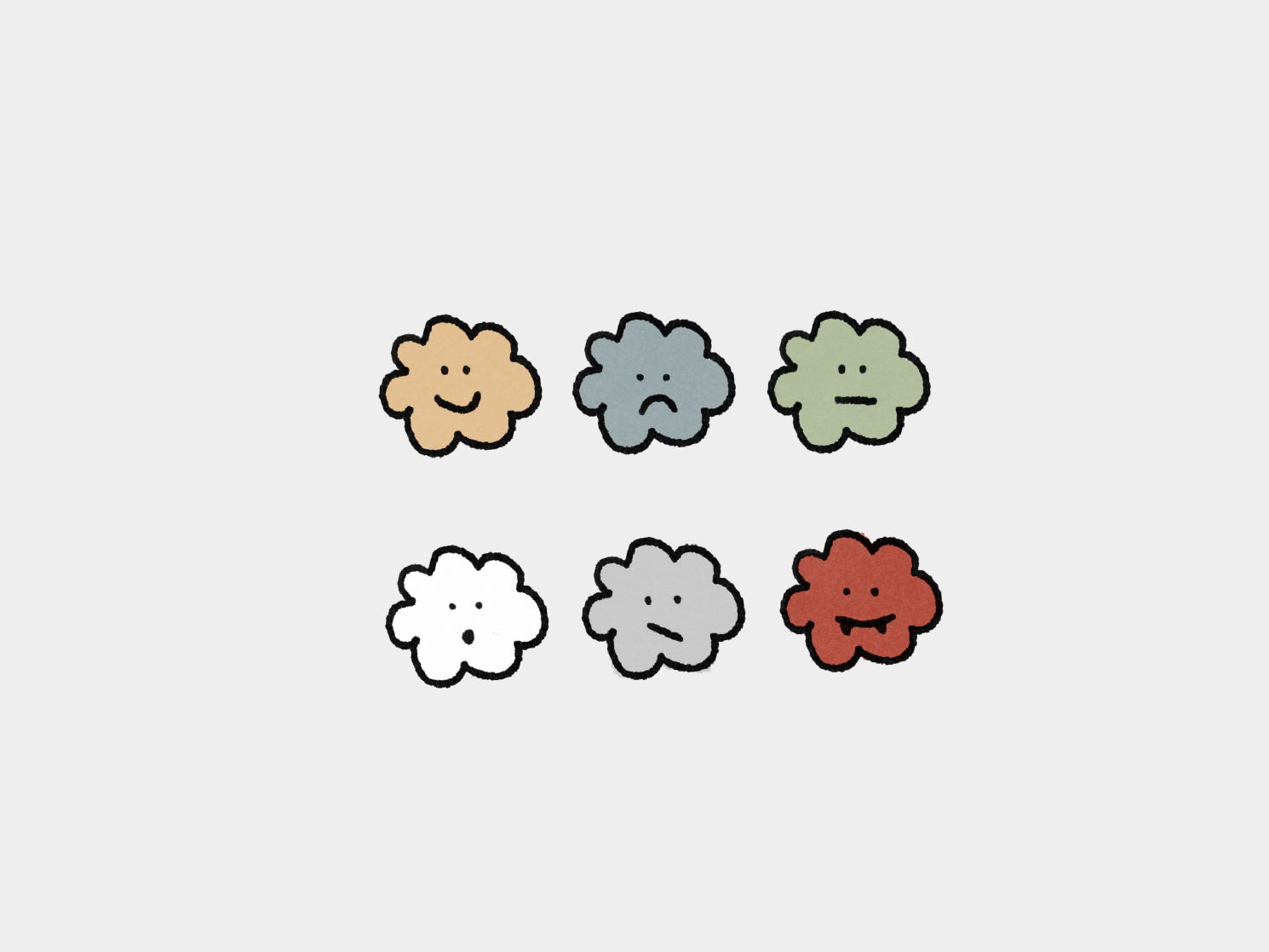 Six cartoon clouds with different facial expressions.
