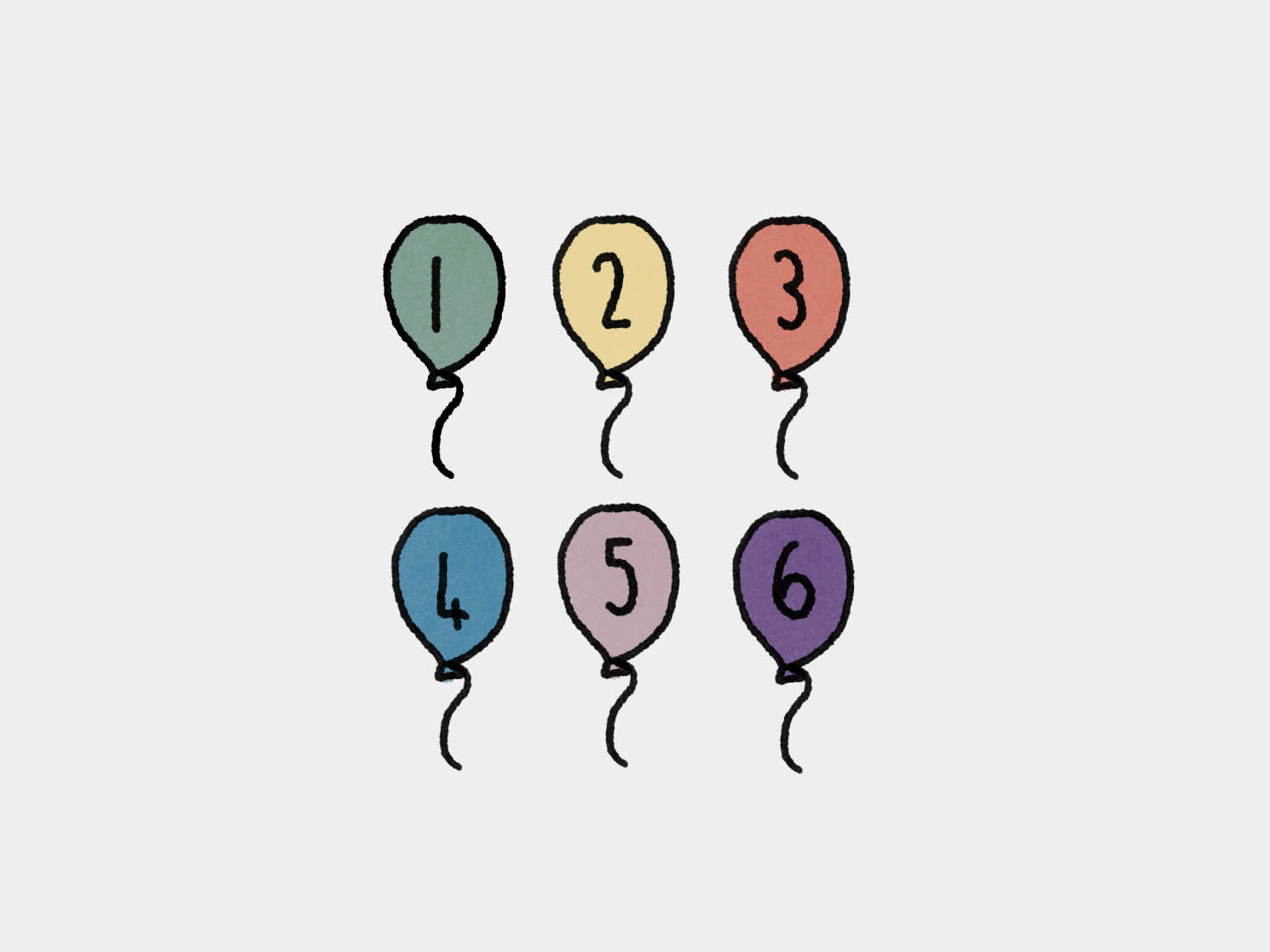 Six numbered balloons in two rows