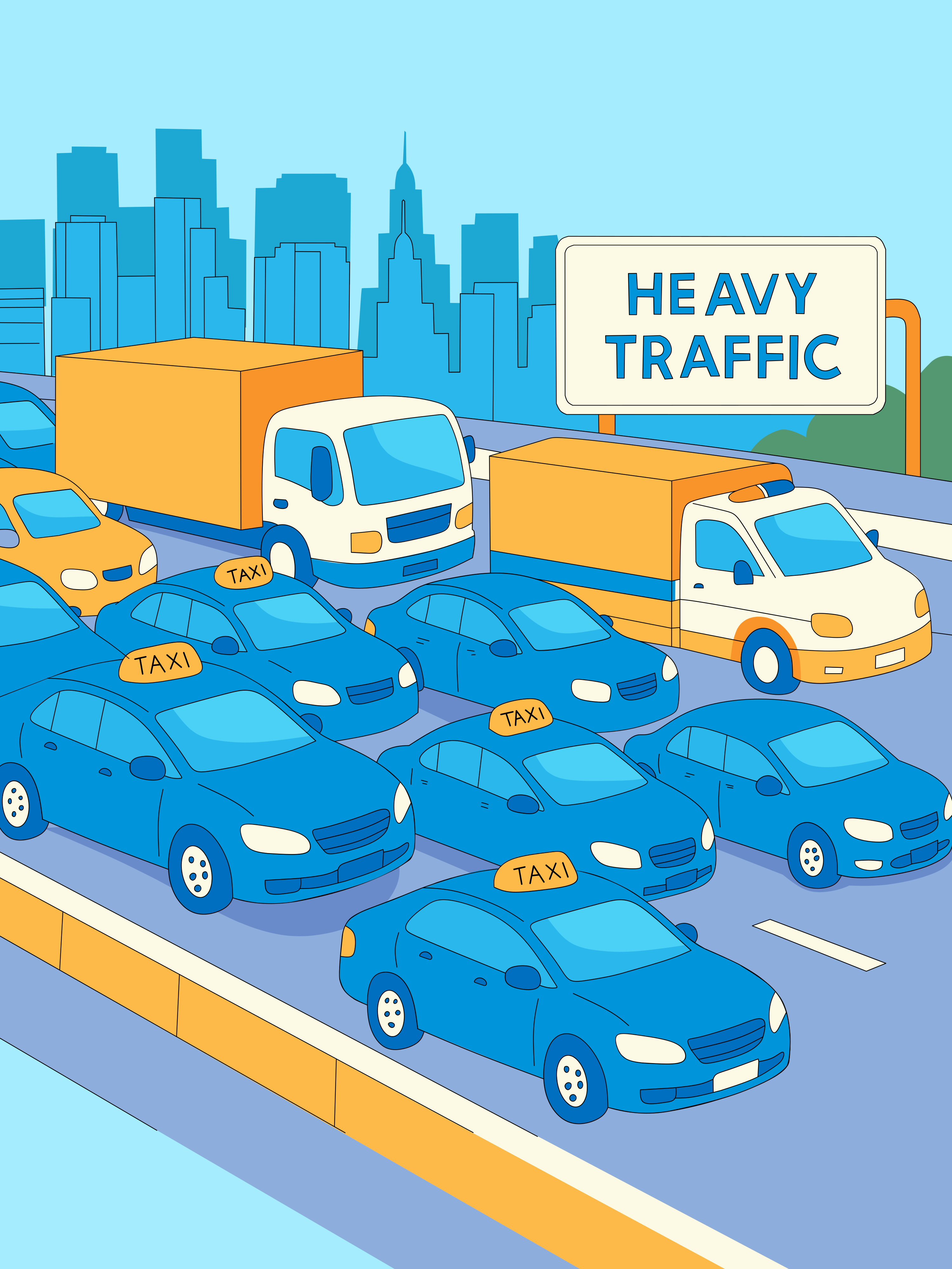 Cars and trucks stuck in heavy traffic on highway.