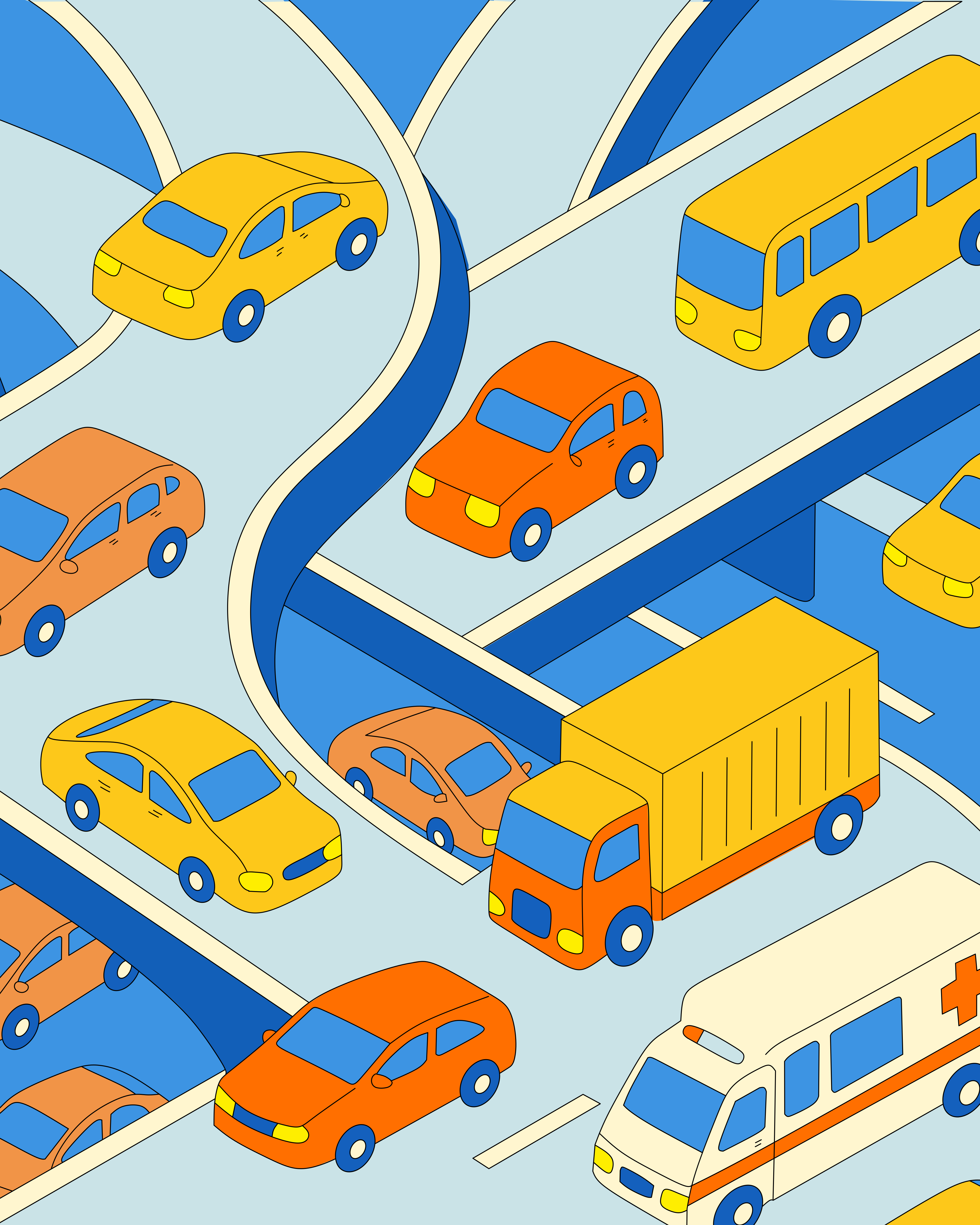 Véhicules sur une autoroute stylisée avec fond bleu