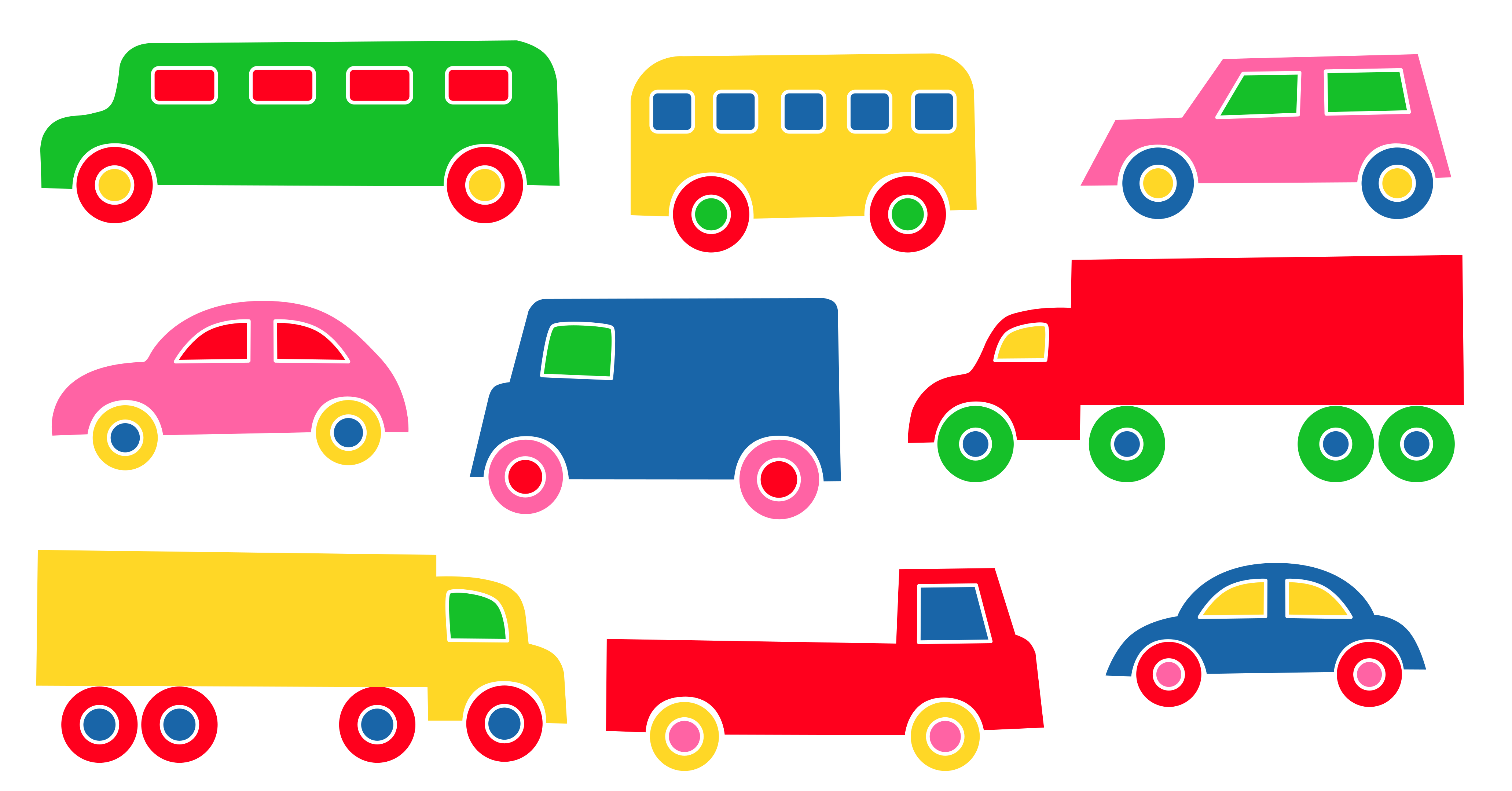 Collection of colorful toy vehicles on a white background