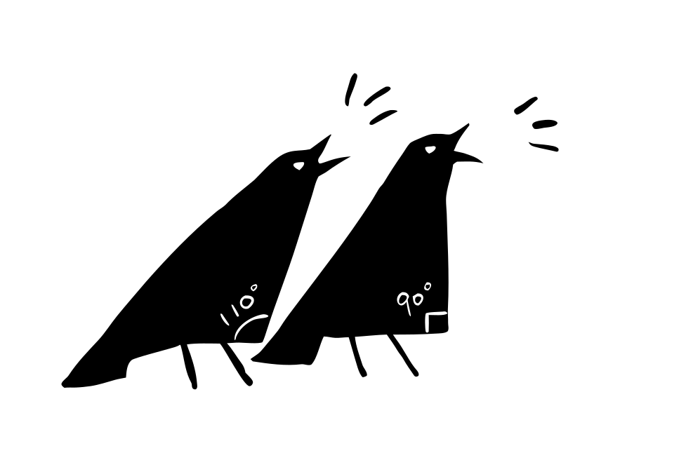 Two black birds with geometric angles on wings