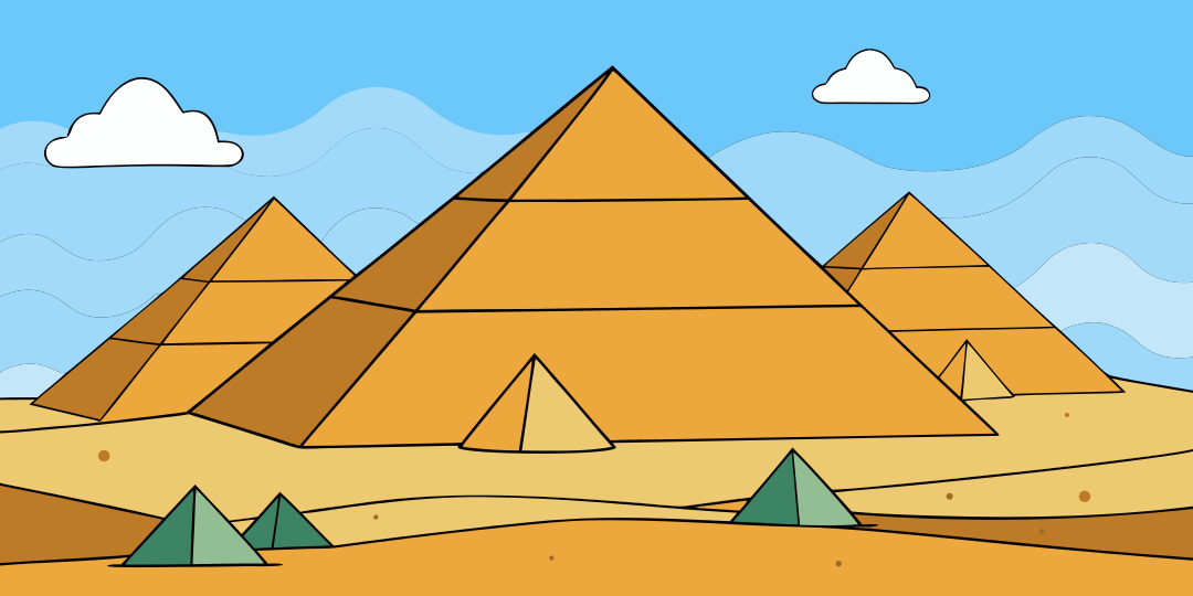 Cartoon pyramids in a desert landscape