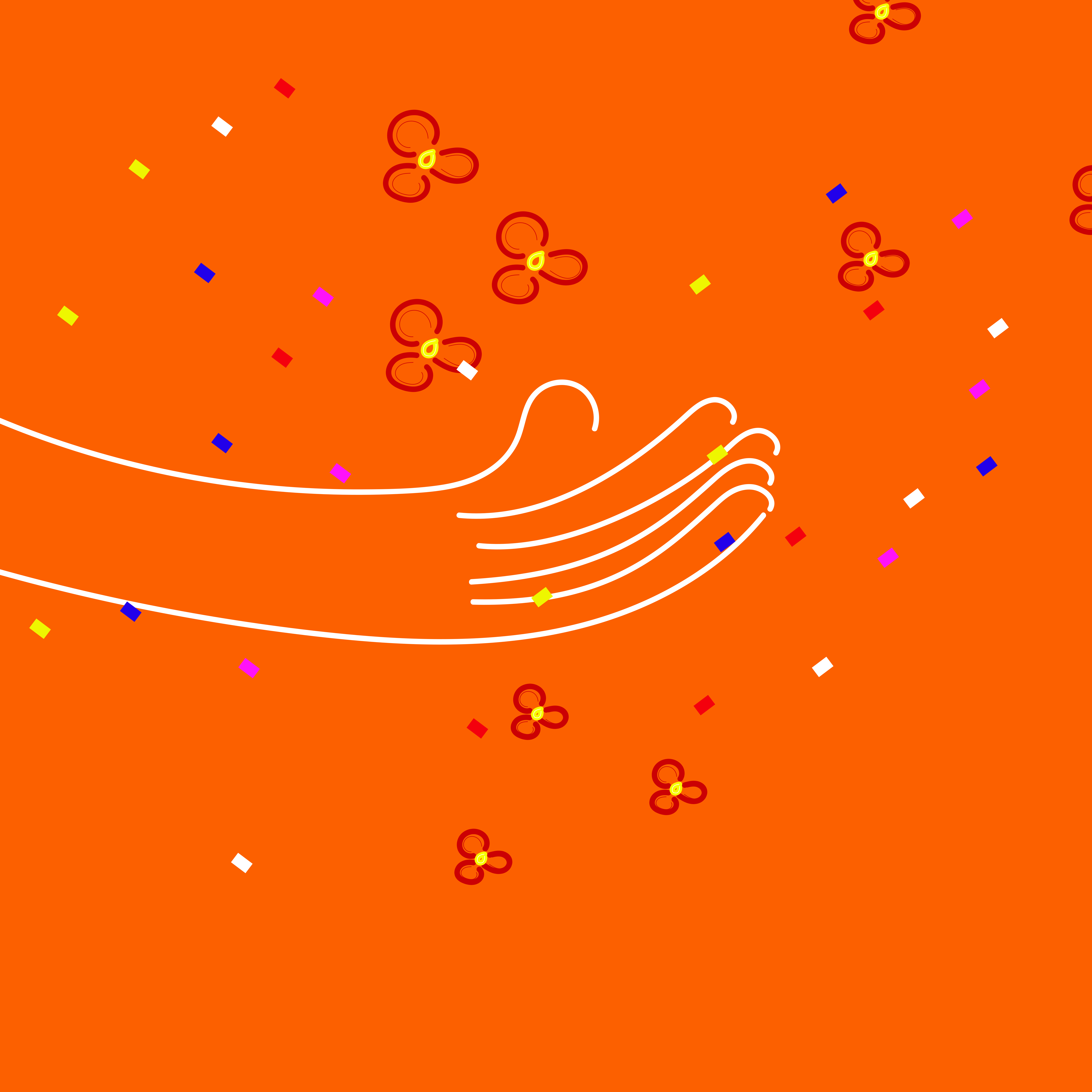 Hand releasing confetti and flowers against orange background