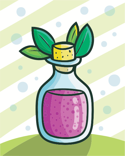 Cartoon bottle with pink liquid and green leaves
