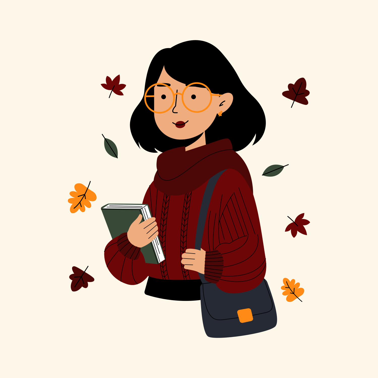 Woman with glasses and book, surrounded by autumn leaves