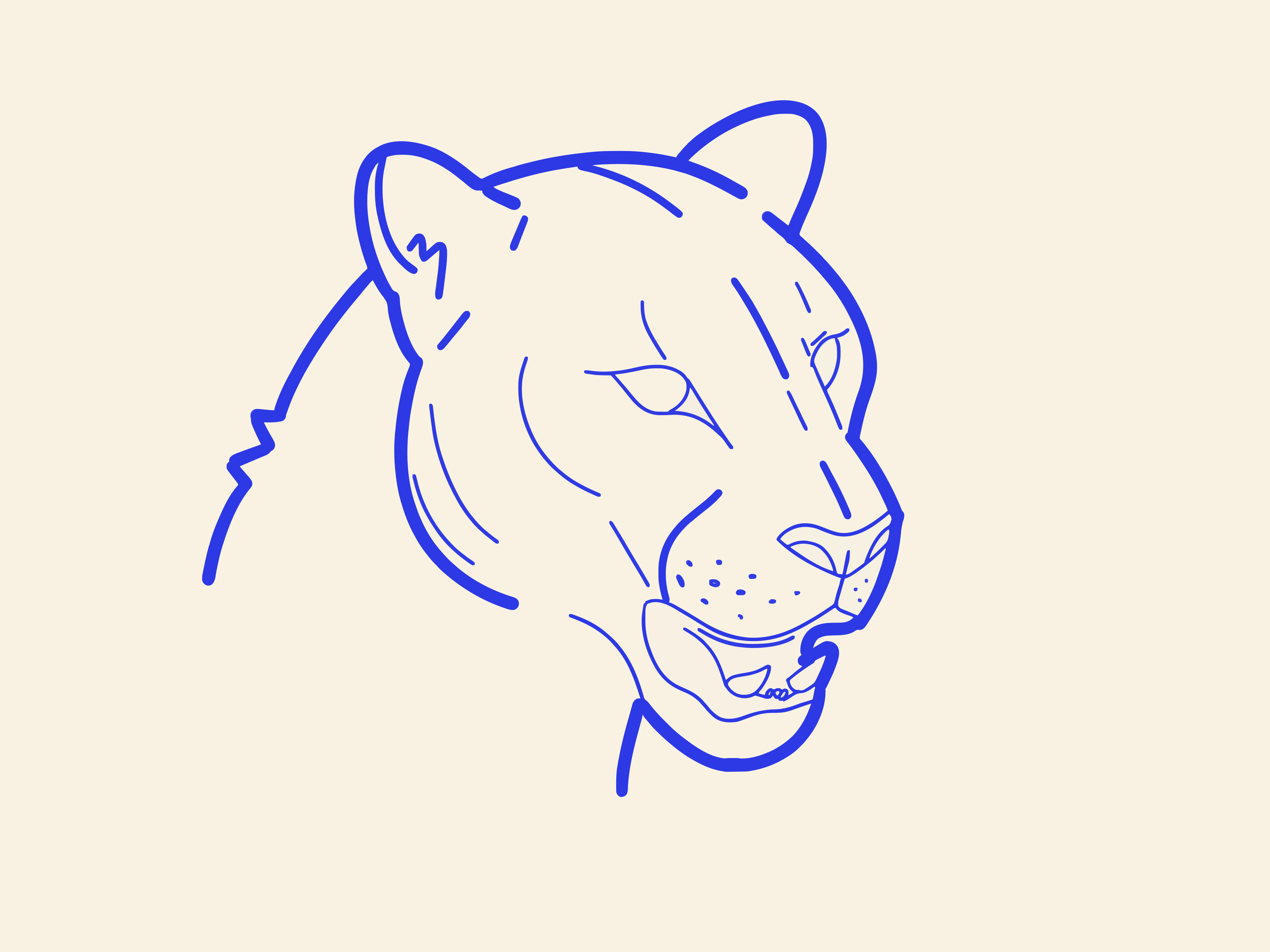 Blue line drawing of a lion's head