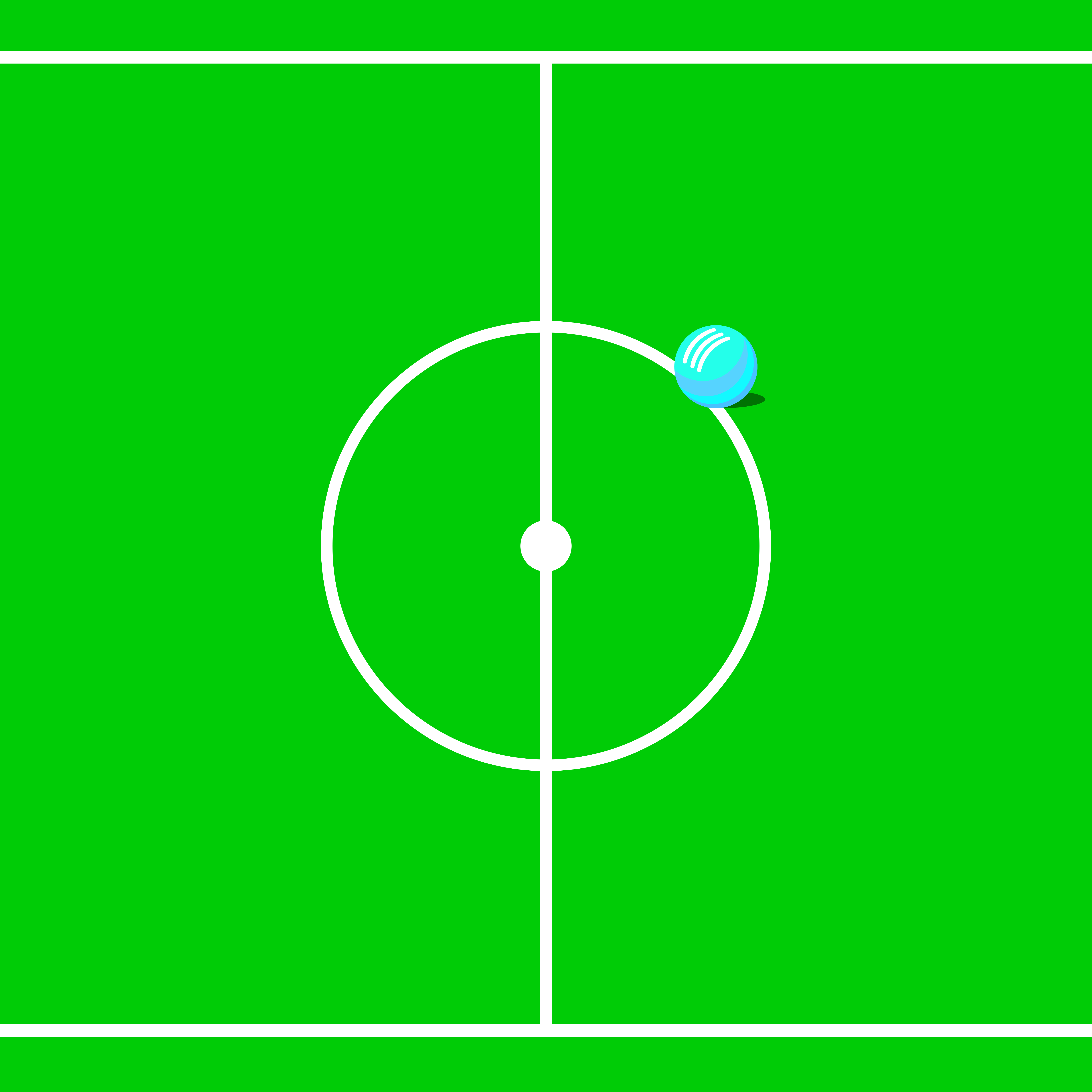 Un balón azul claro en un campo de fútbol verde.