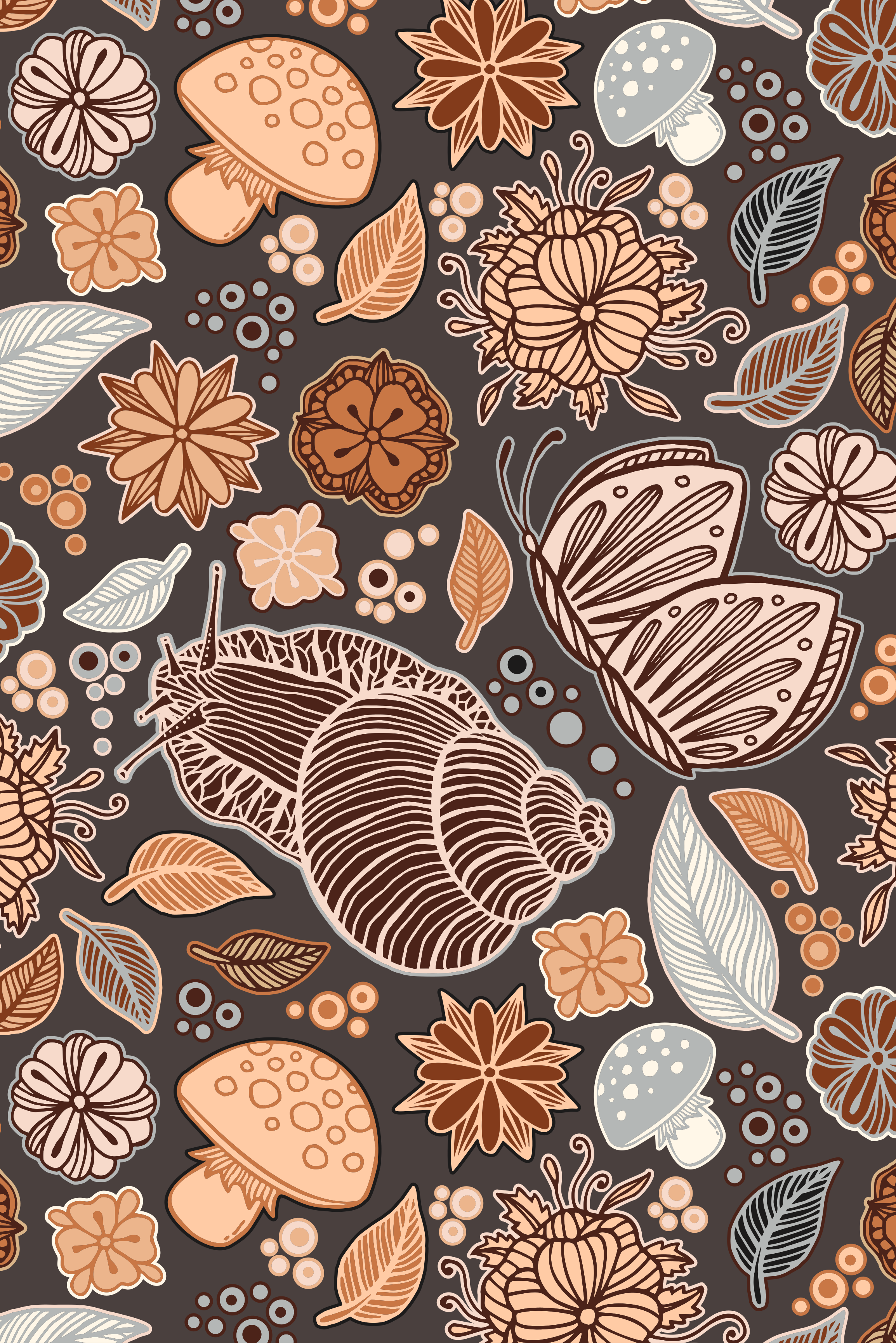 Caracol y mariposa entre un patrón floral y de hongos