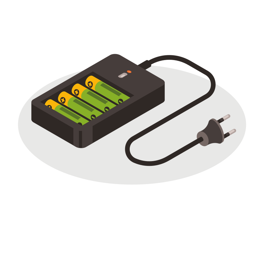 Battery charger with four green batteries and plug.
