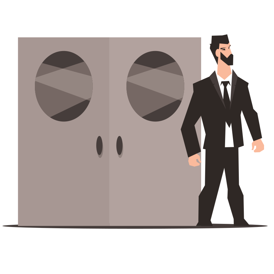 Man in suit stands guard by large doors