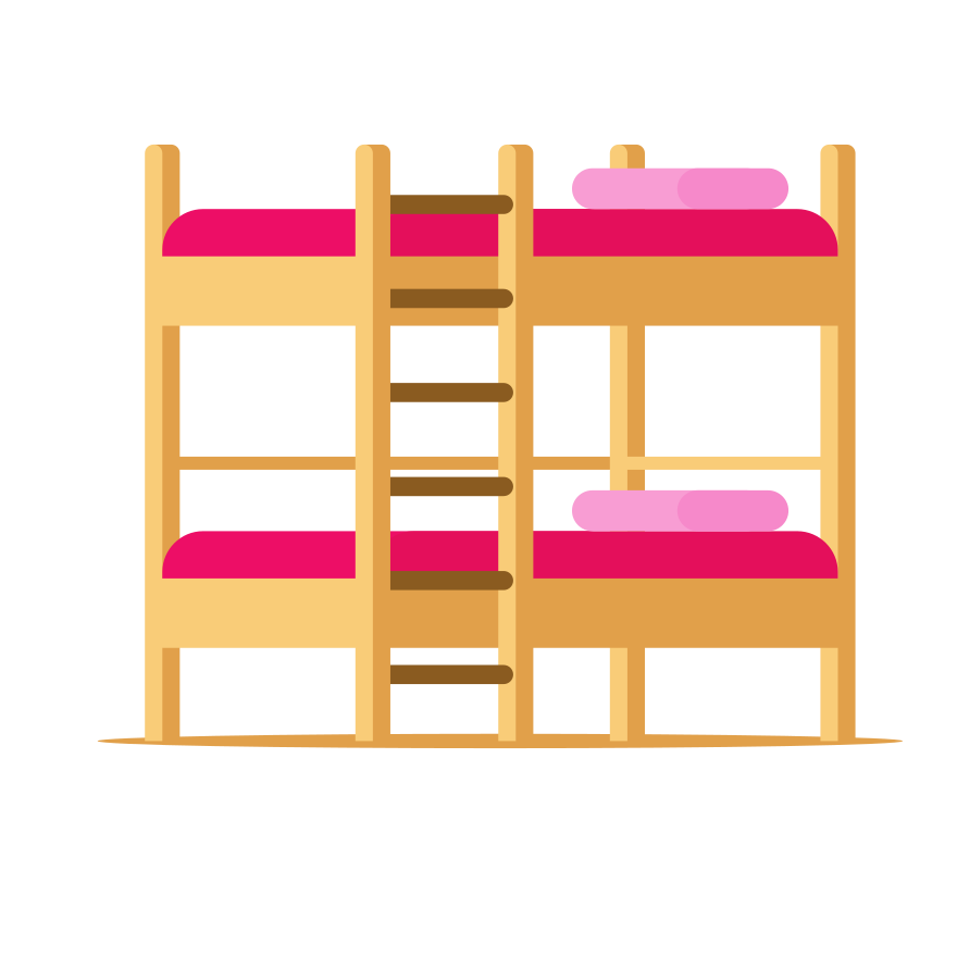 Wooden bunk beds with pink bedding and ladder