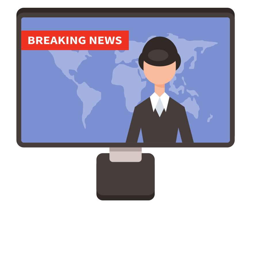 News anchor on screen with breaking news banner.