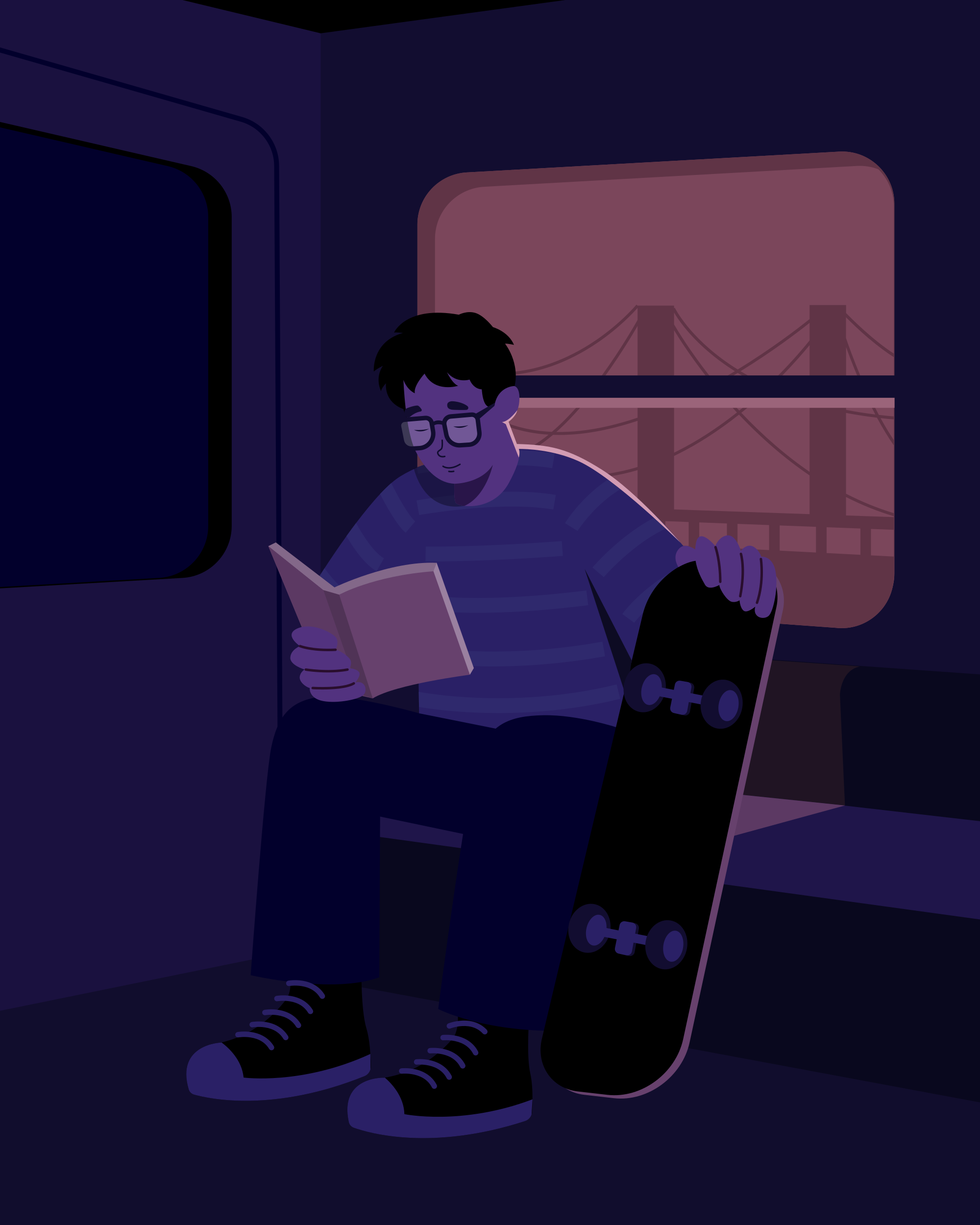 Man reading book on train with skateboard
