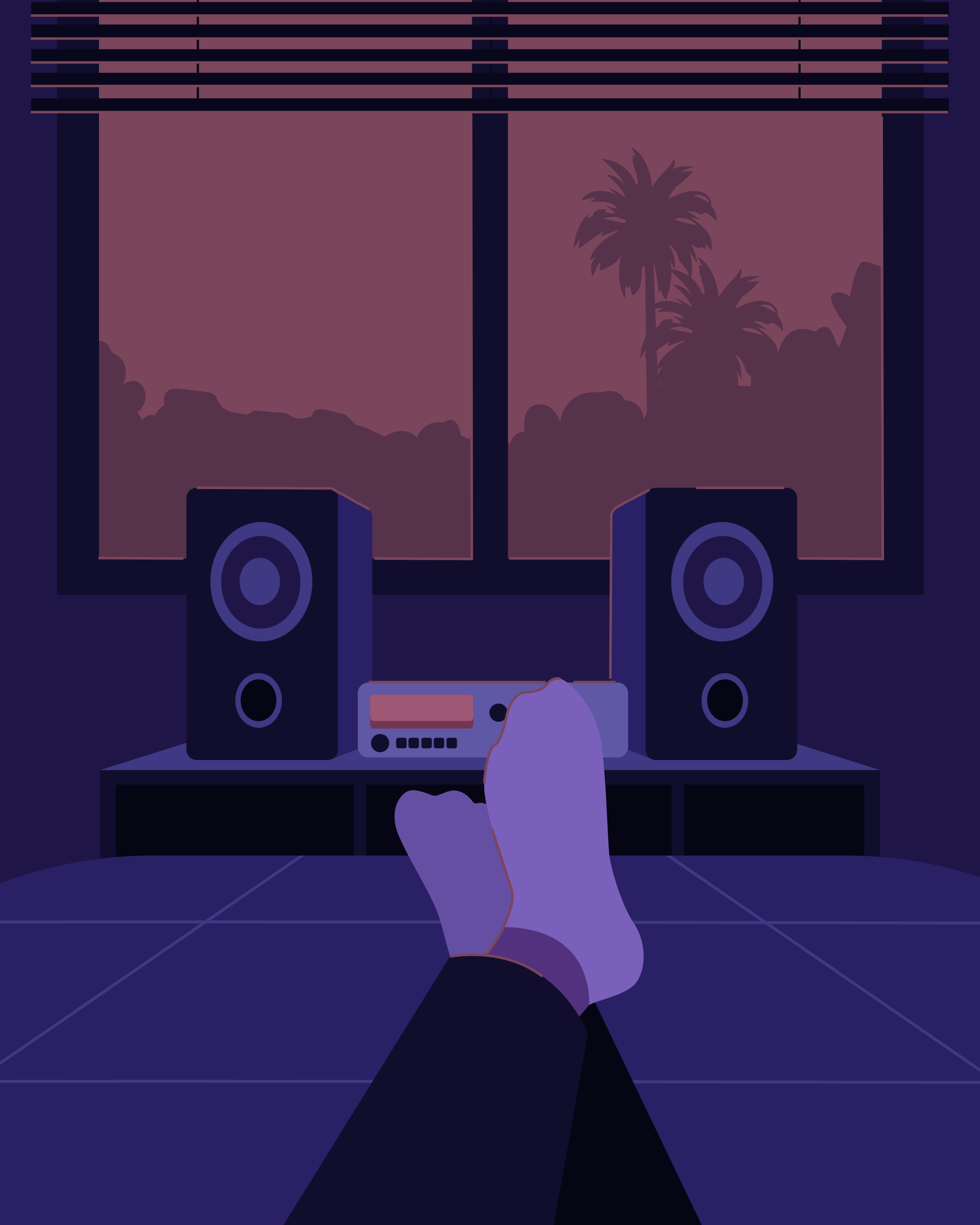 Feet up listening to speakers by the window