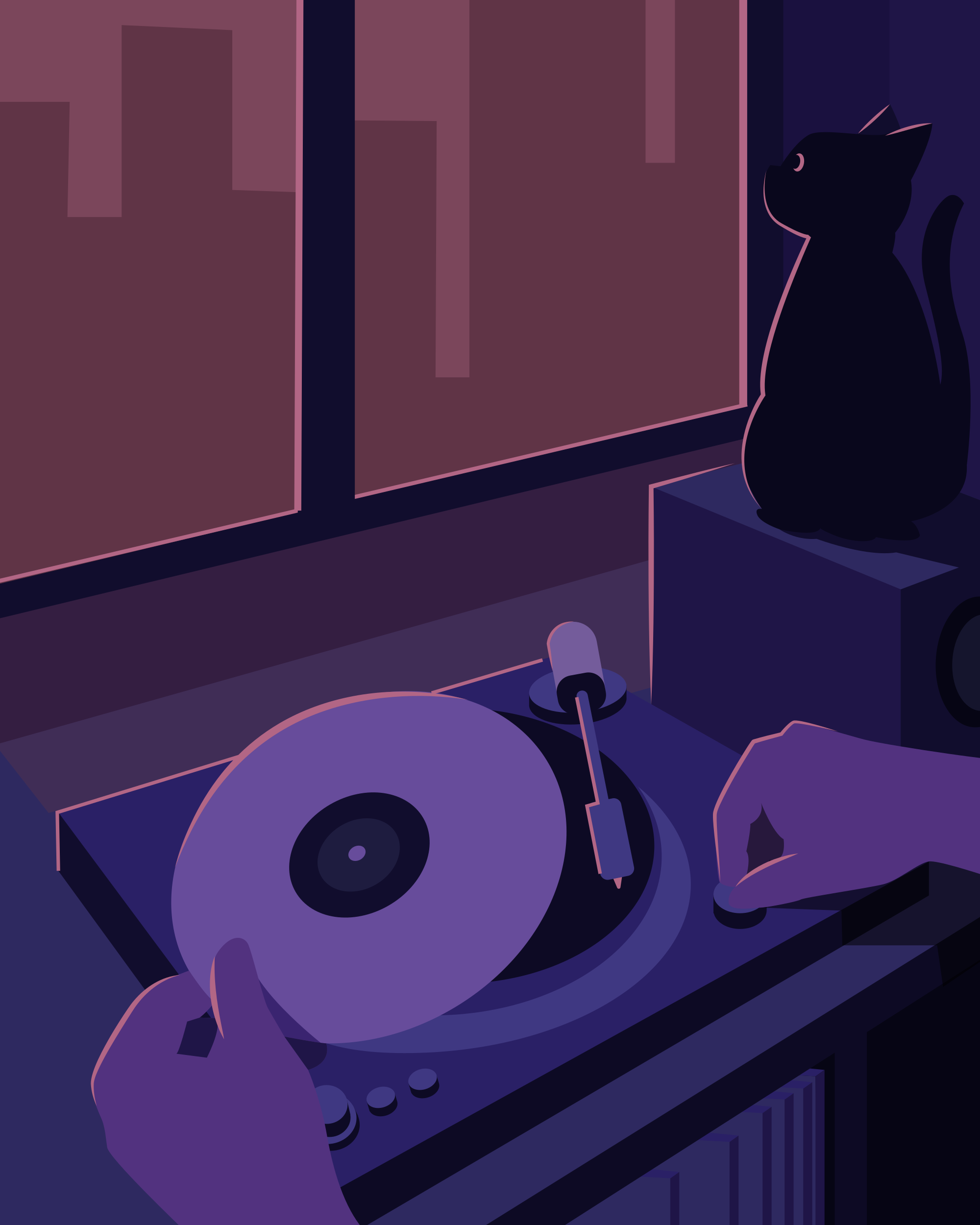 黒猫は窓際でレコードプレーヤーを見ている。