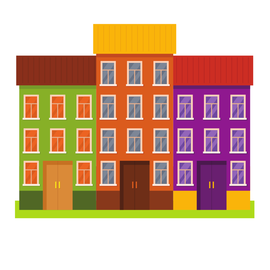 Colorful row of apartment buildings with windows.
