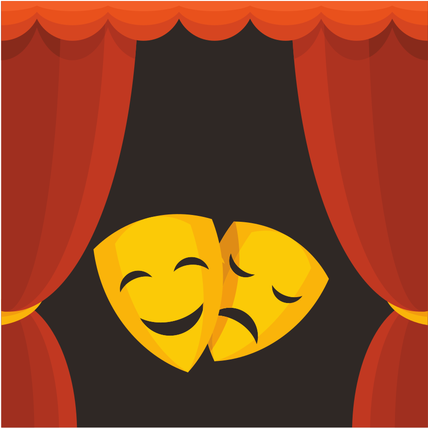 Theater masks for comedy and tragedy behind red curtains