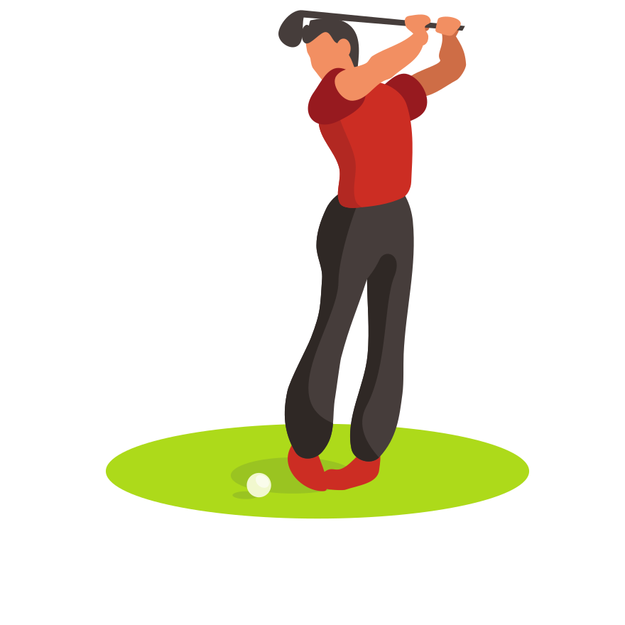 Golfer swings club at a golf ball on green.