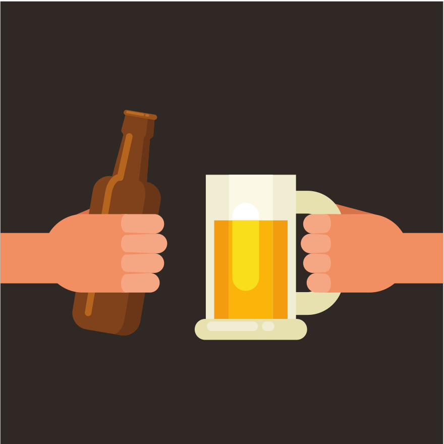 Two hands holding a beer bottle and mug.