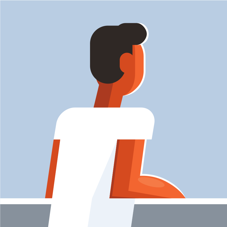 Man in white shirt looking away from viewer.