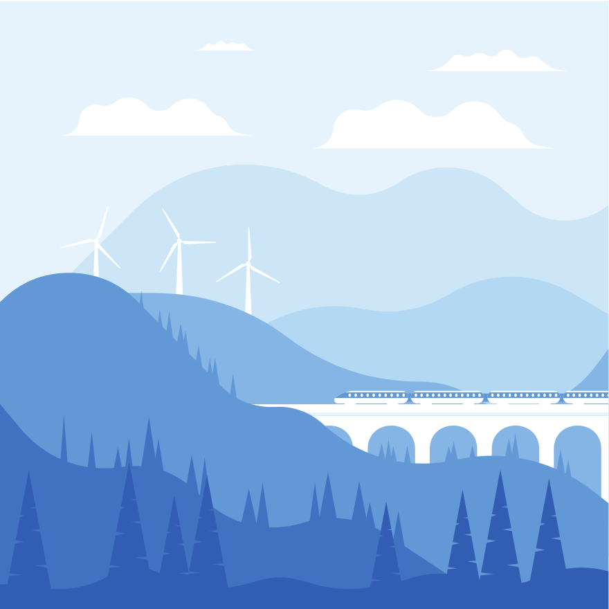 Train crossing a bridge in a blue mountain landscape.