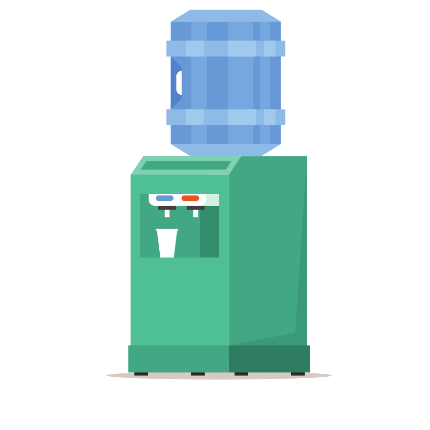 Green water cooler with blue water bottle