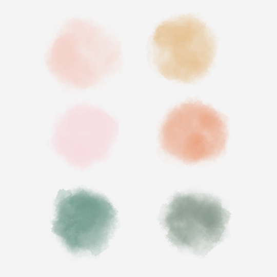Six taches aquarelle dans différentes couleurs pastel.