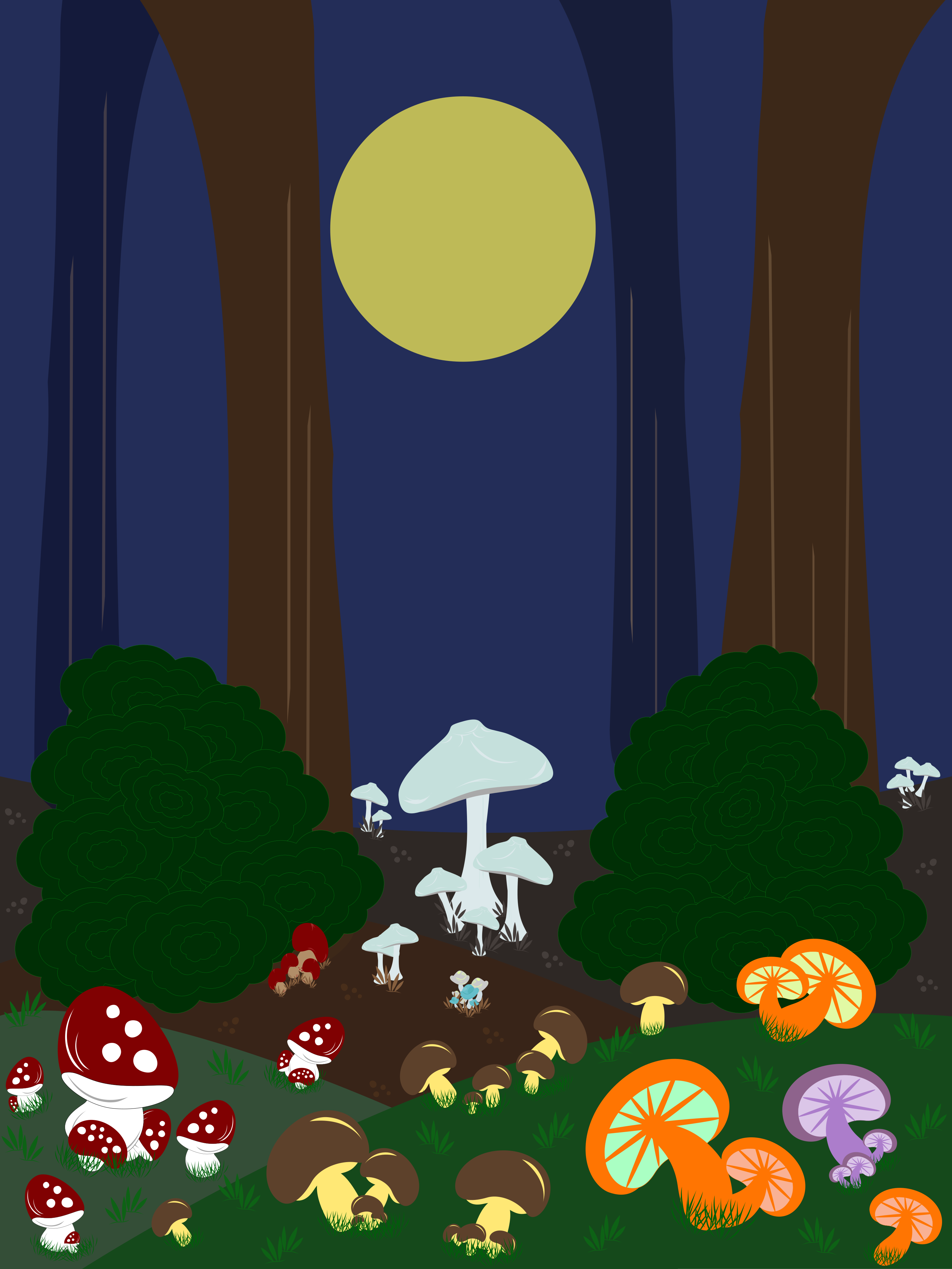 月の下、色とりどりのキノコがたくさん生える森の床