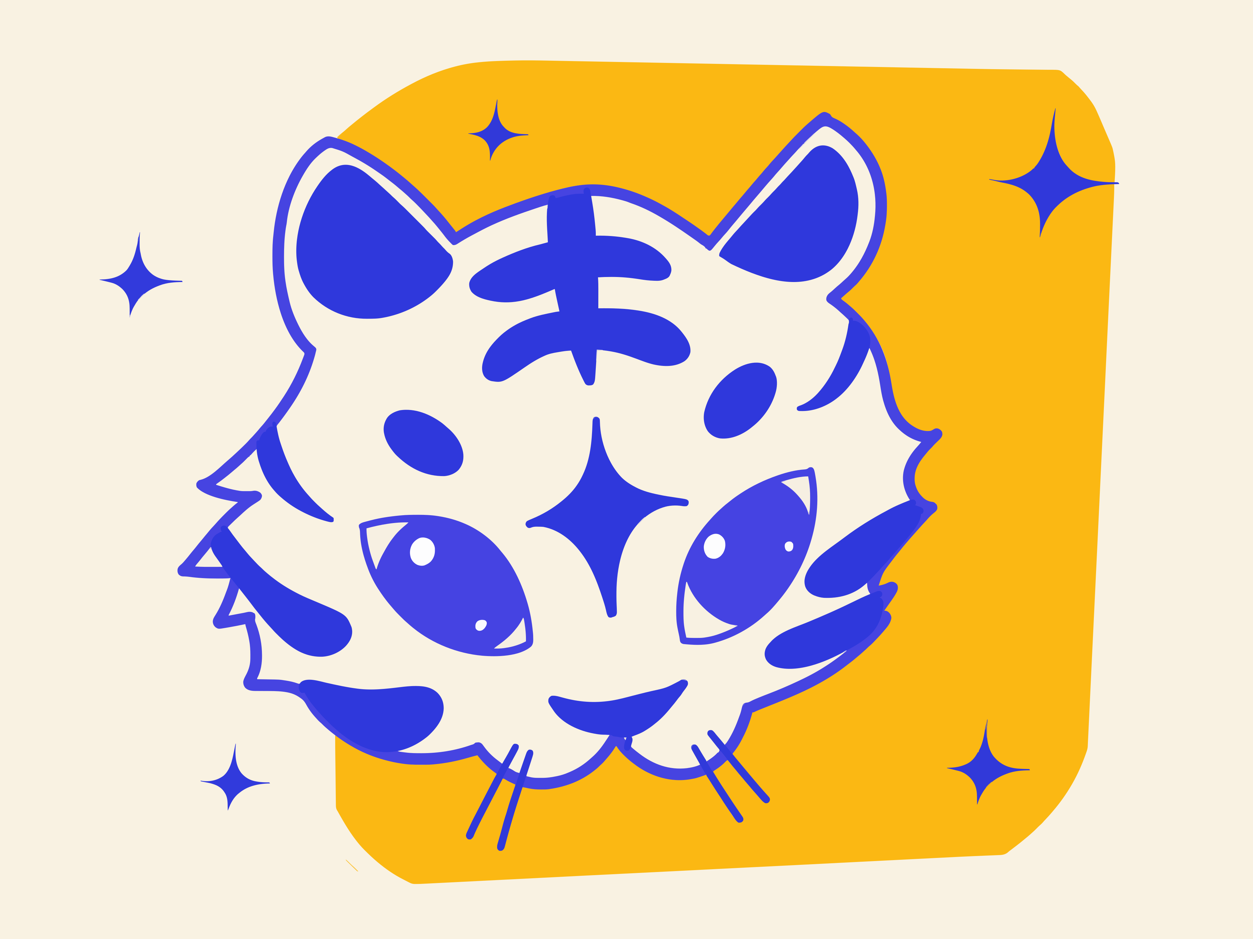 Stylized cartoon tiger face with blue stripes and stars