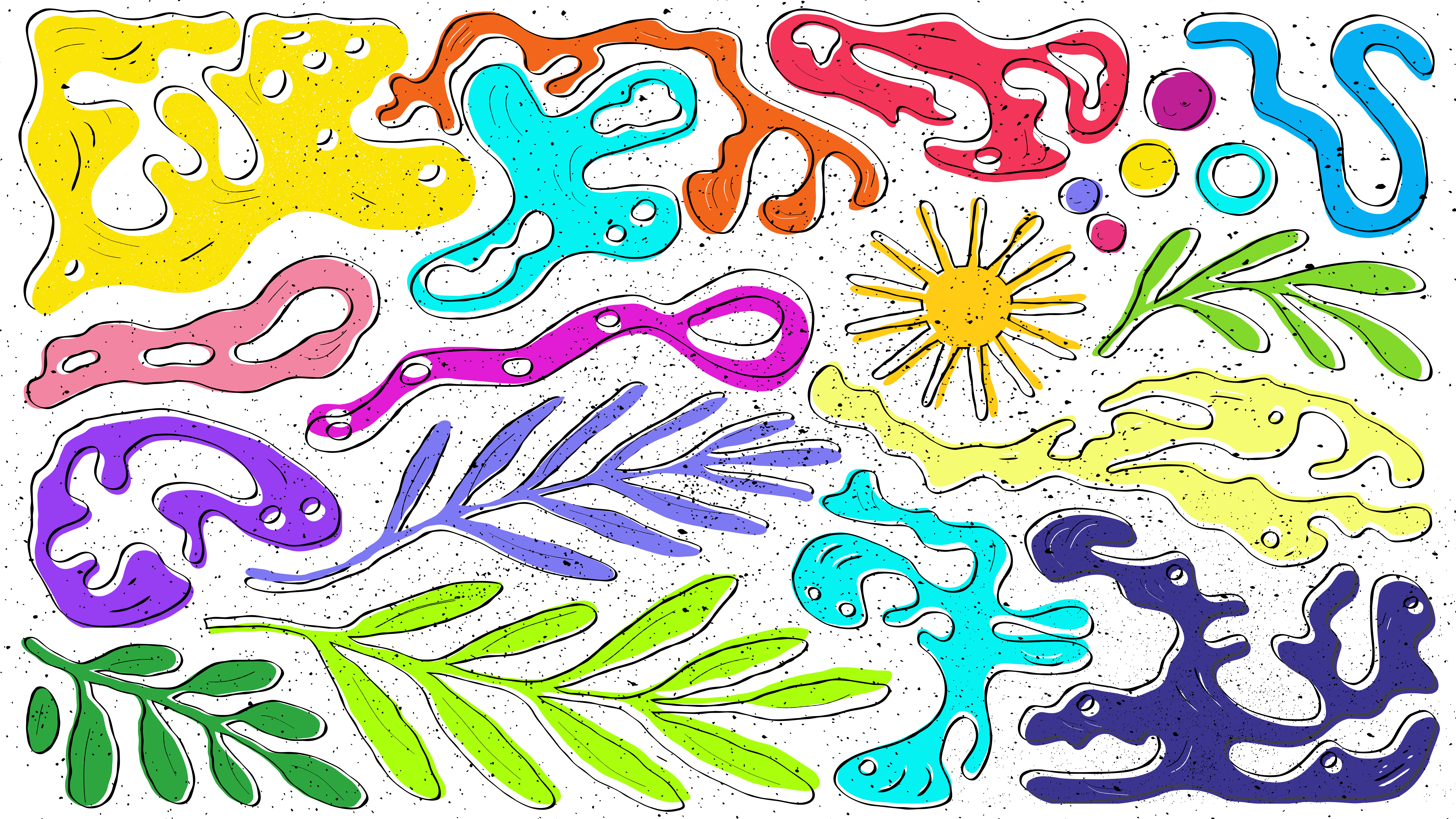 Formes abstraites colorées et feuilles de plantes avec du soleil