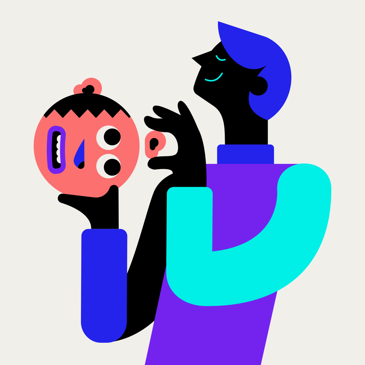 Man holding a detached, colorful face with eyes.