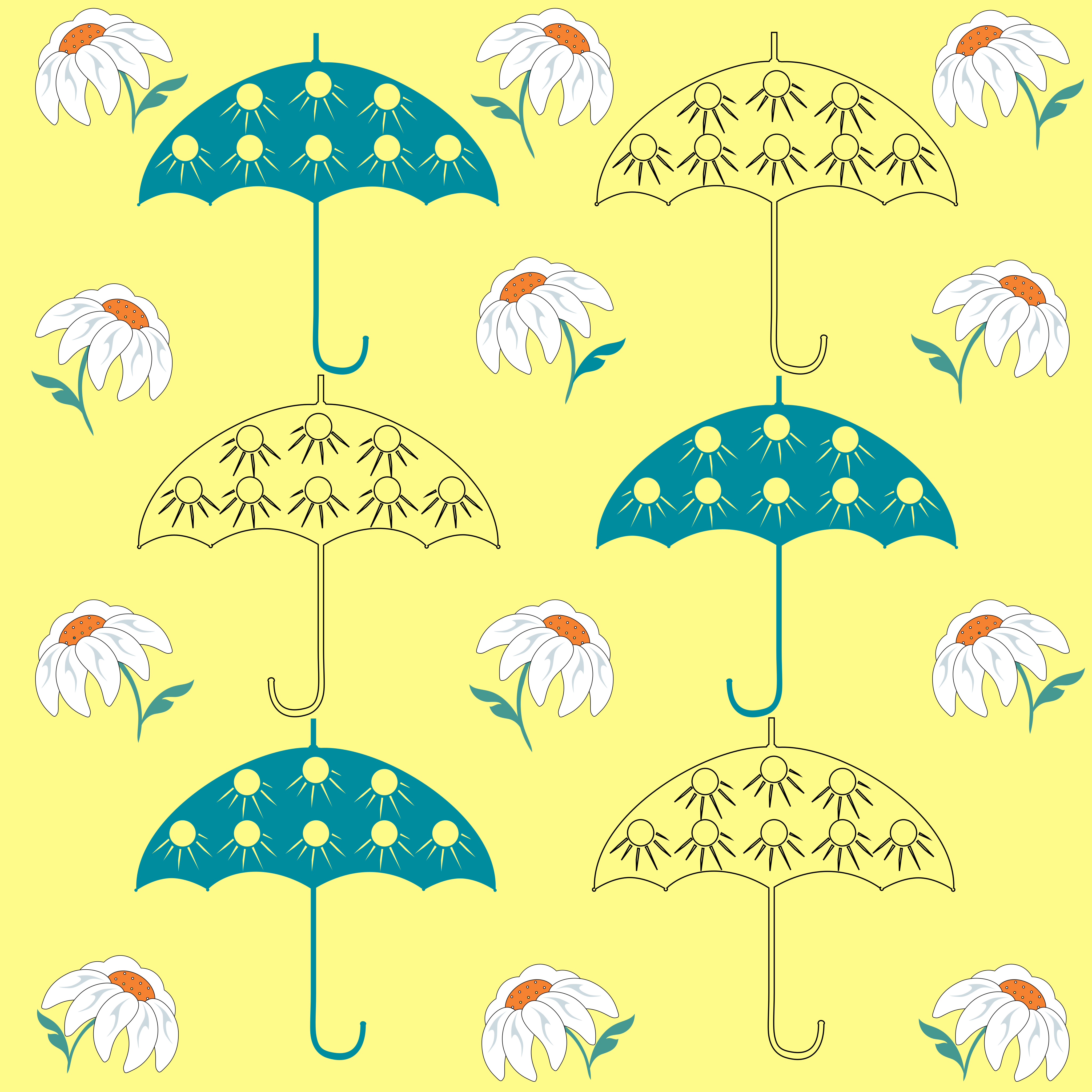 Yellow background with daisies and umbrellas