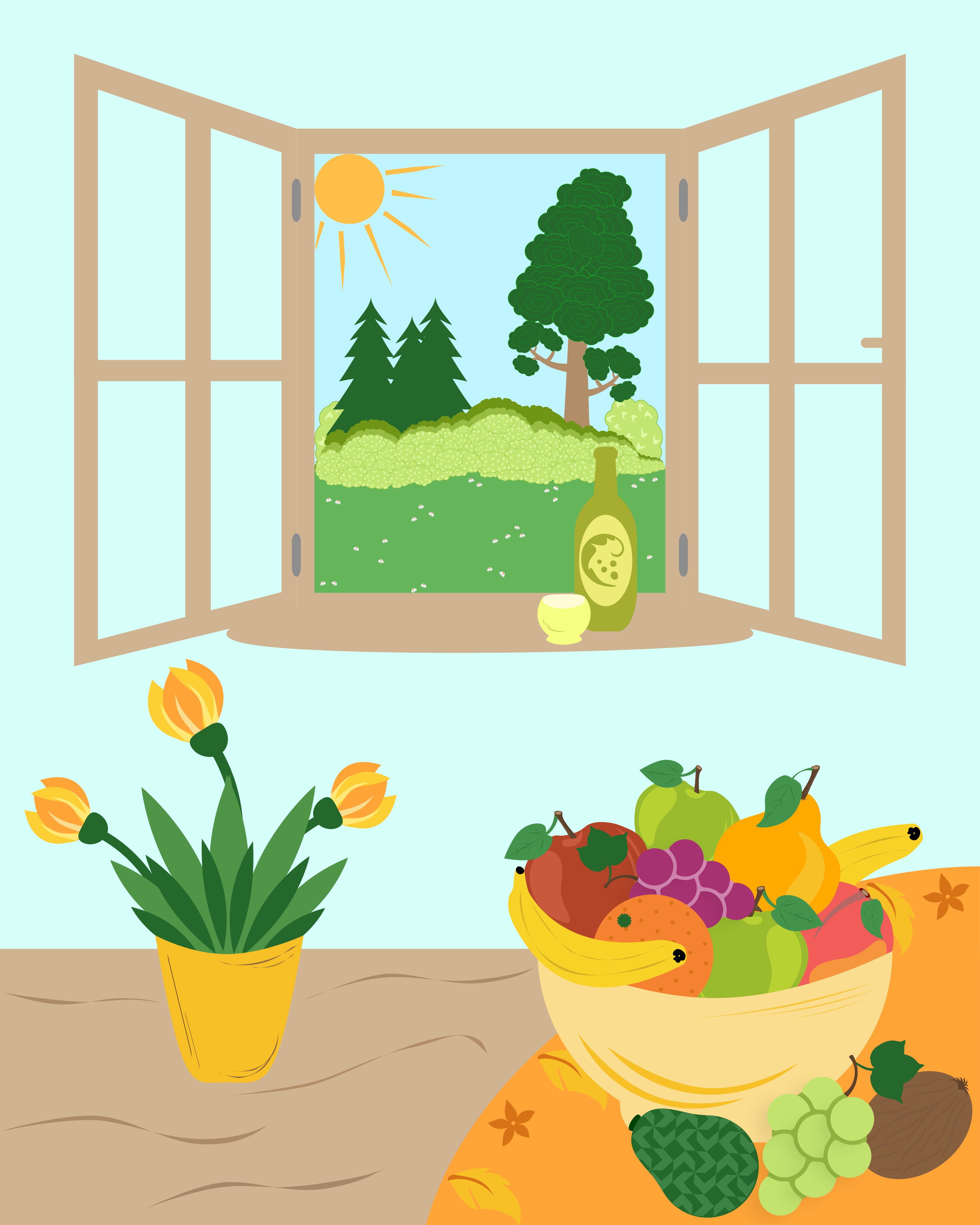 Open window view to nature with fruit bowl and flowers.