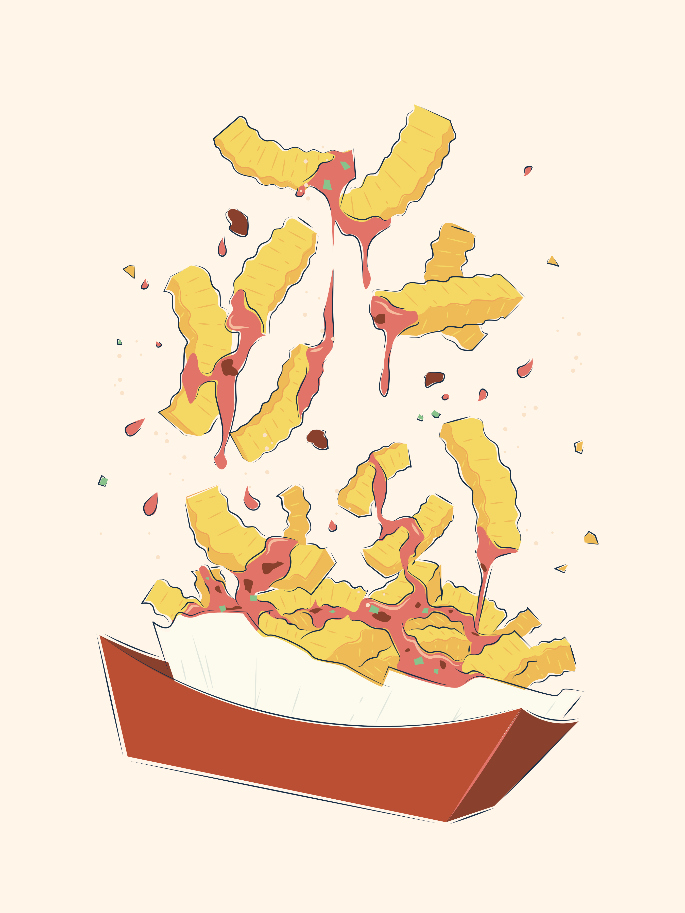 Crinkle-cut fries with ketchup spilling from carton.