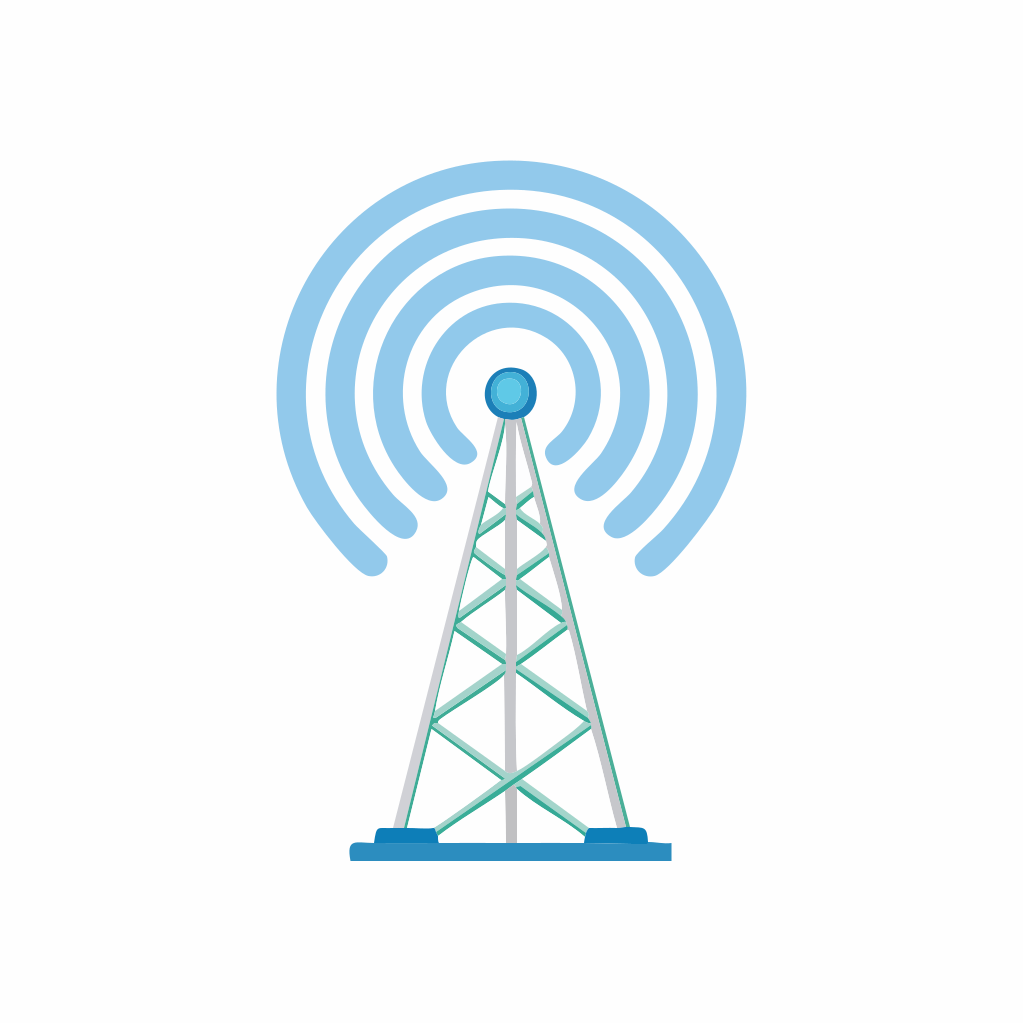 Torre de telefonía móvil emitiendo ondas de radio sobre fondo blanco