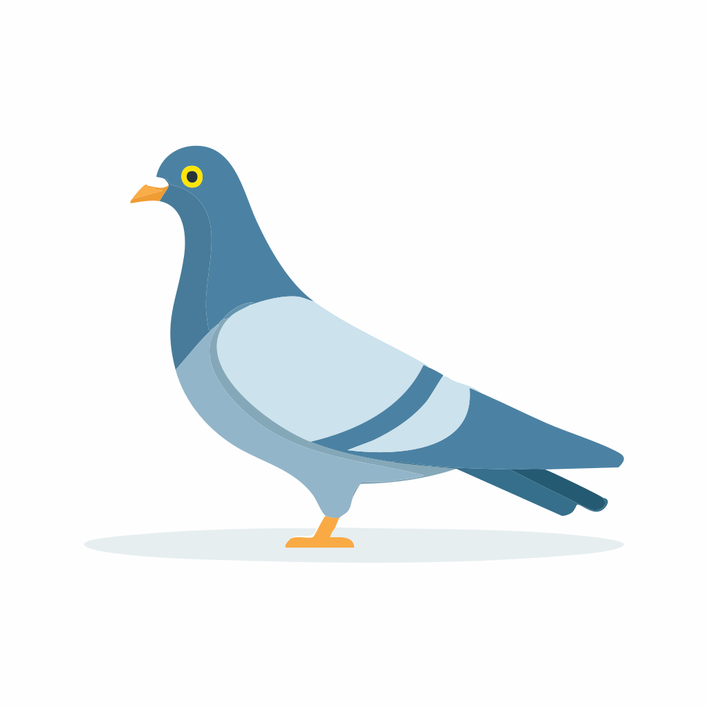 Un pigeon bleu stylisé se tient sur une surface gris clair.