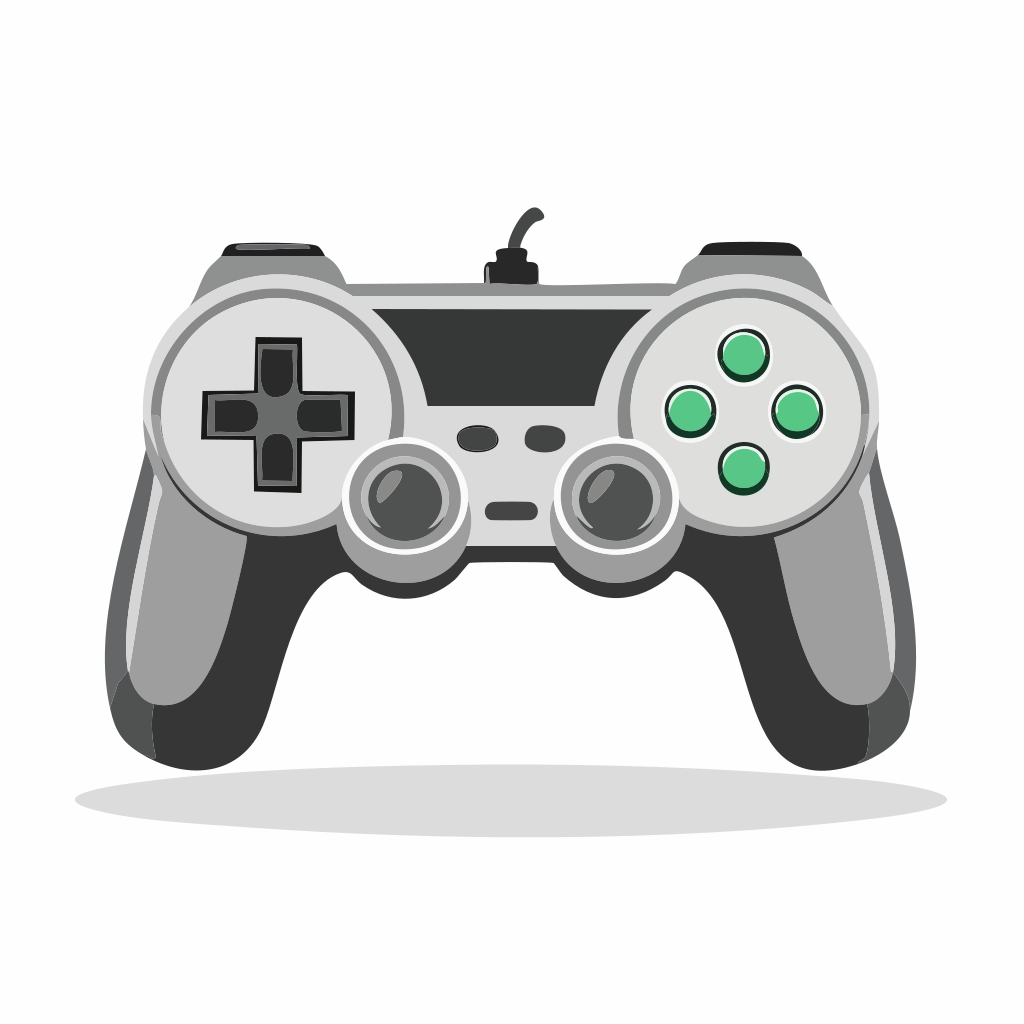 A gray video game controller with green buttons.