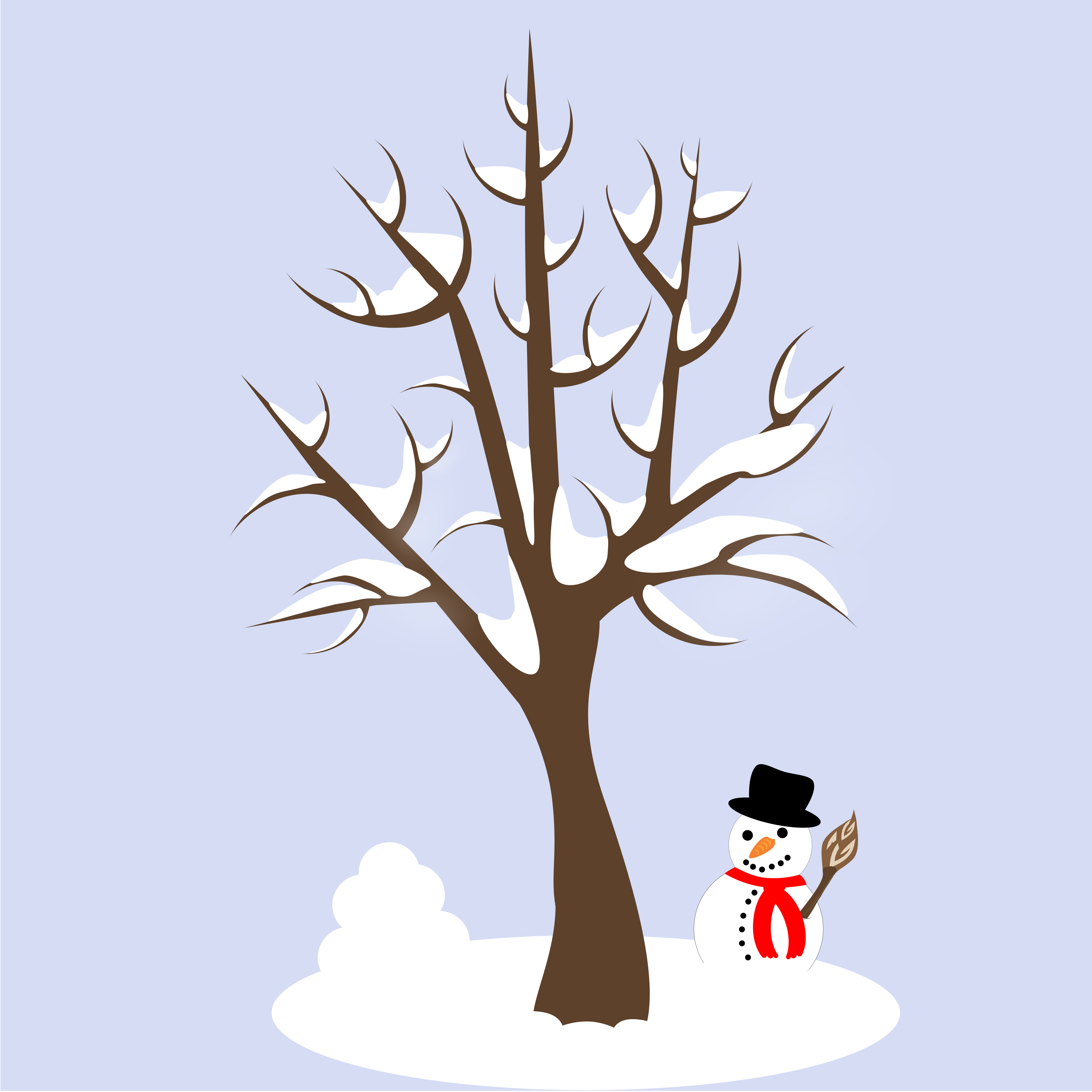 Snowman with broom stands by bare tree