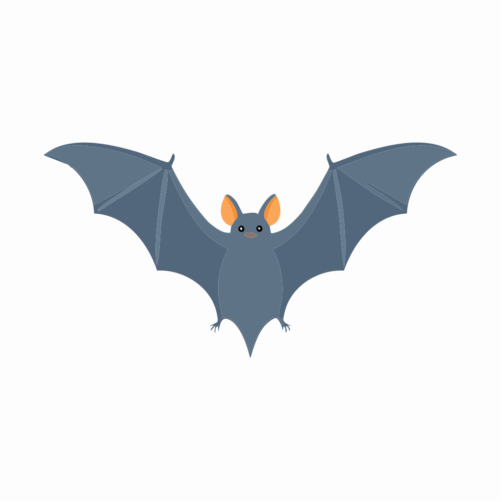A gray bat with outstretched wings on white background.