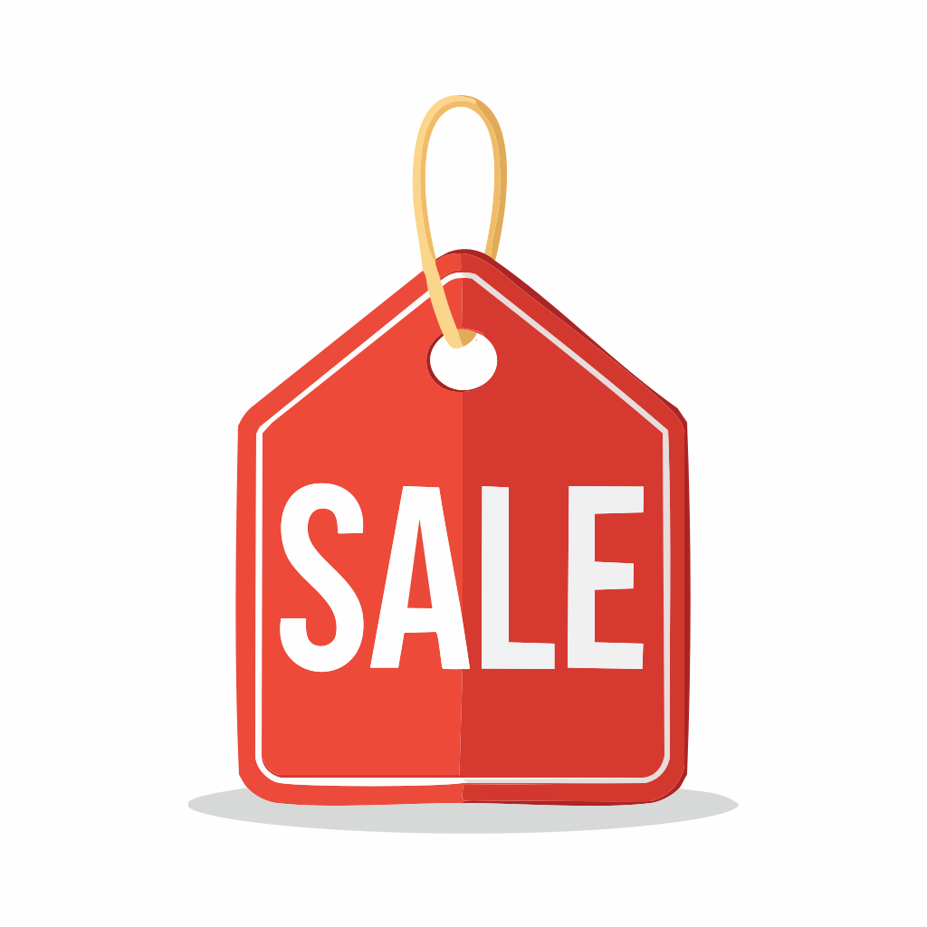 Rotes Sale-Etikett mit weißem Schriftzug und gelben Akzenten