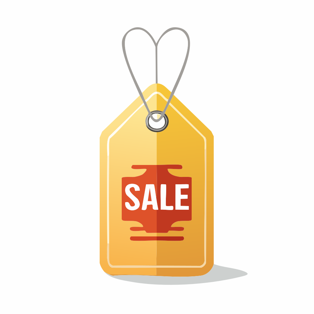 Yellow sale tag with white text on red text.