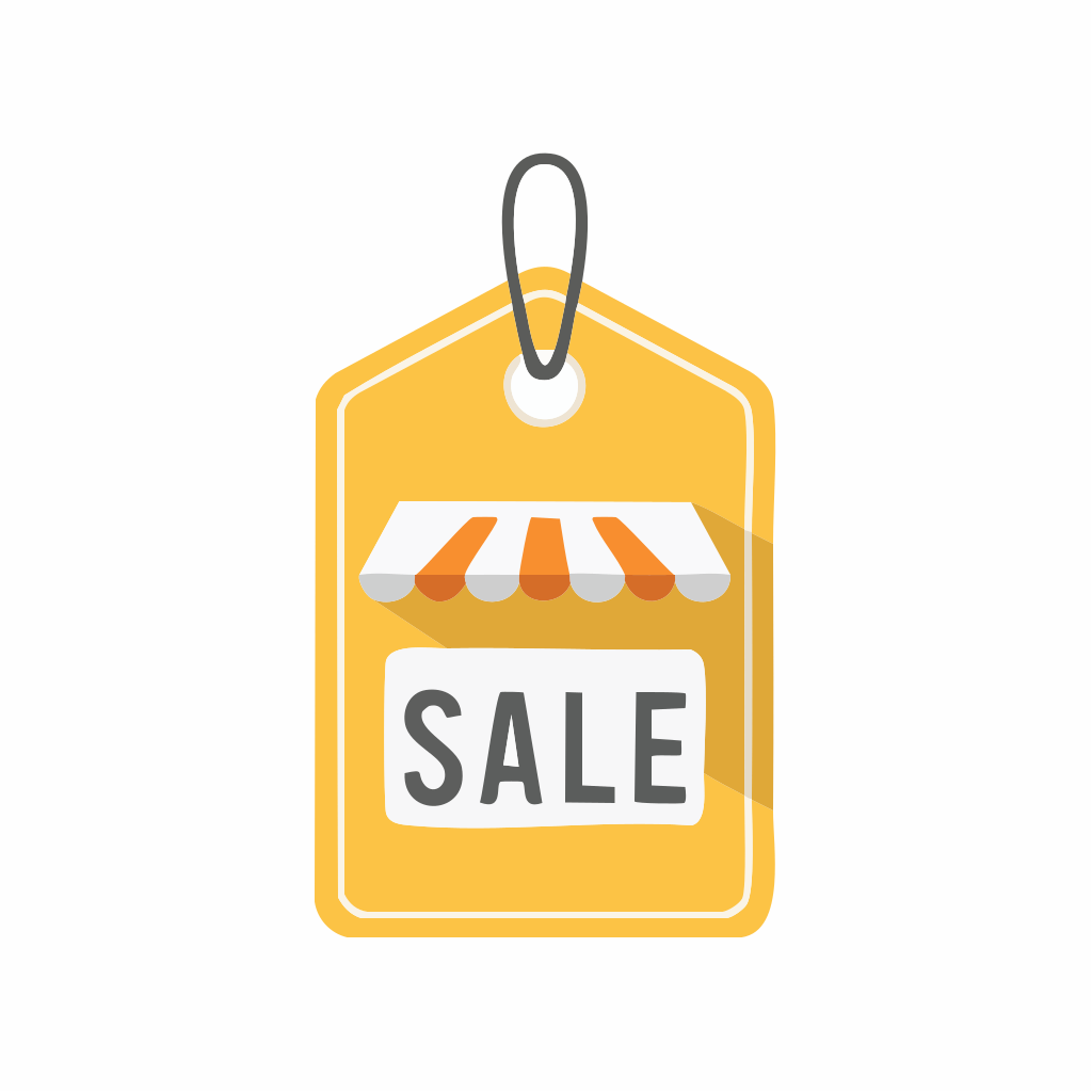 Yellow sale tag with store awning graphic