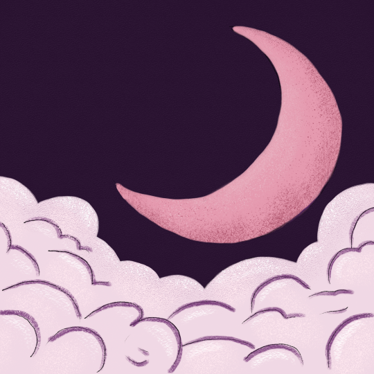 Lua crescente rosa sobre nuvens suaves à noite