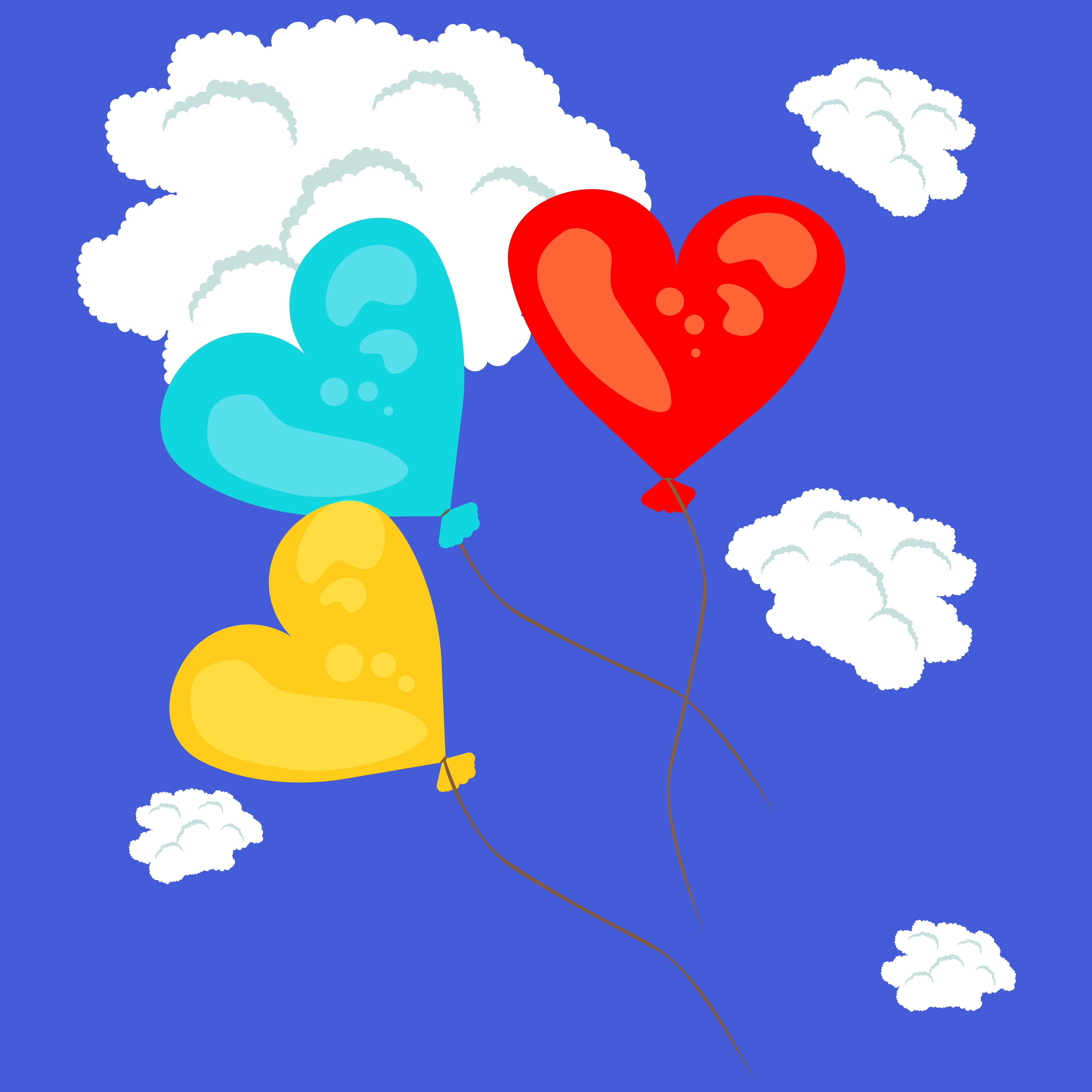 Three heart-shaped balloons float in the sky.